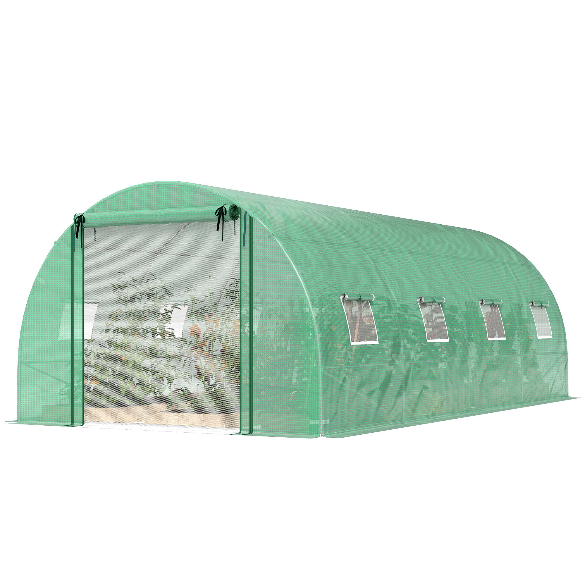 Walk-in Tunnel Greenhouse with 2 Support Rods, Mesh Door, Plant Hot House with PE Cover, 20'x10'x7', Green