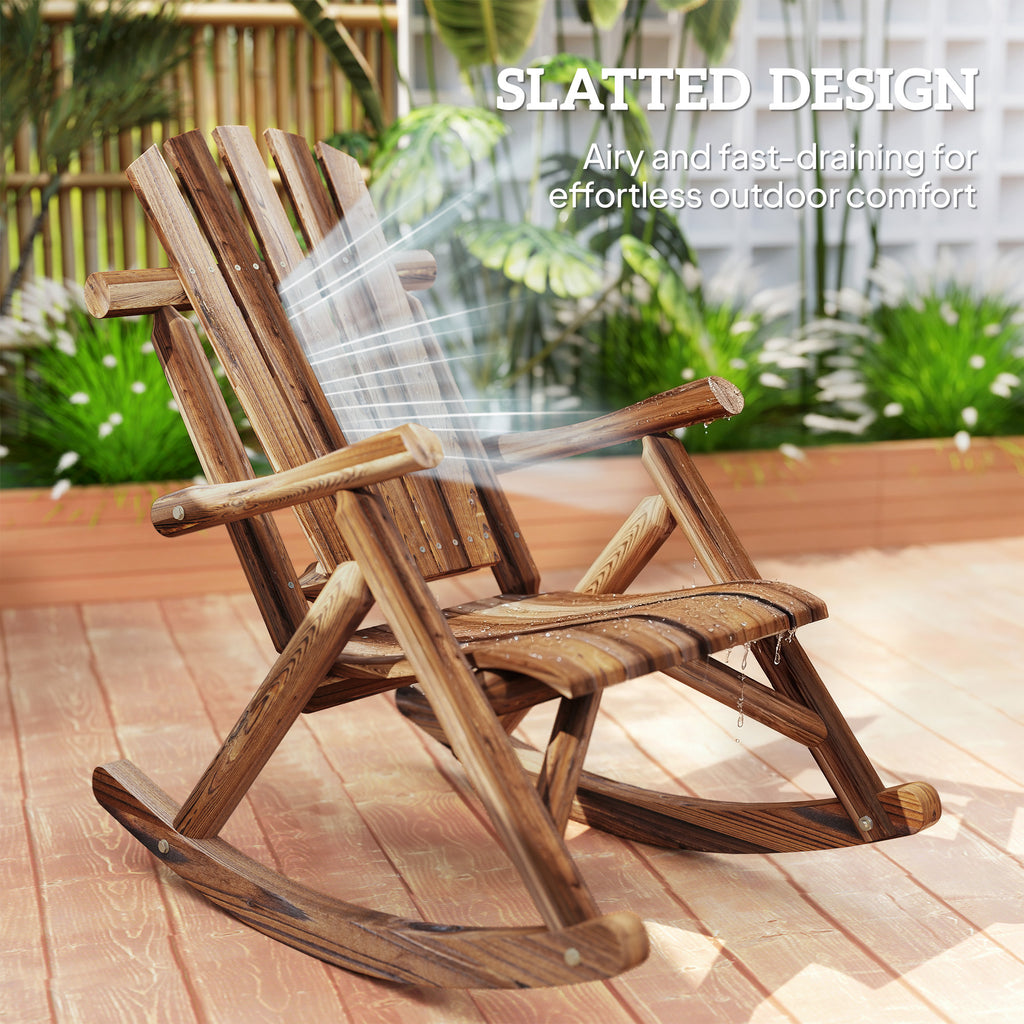 Wooden Outdoor Rocking Chair, Oversized Adirondack Patio Rocker with High Back and Slatted Seat, Carbonized