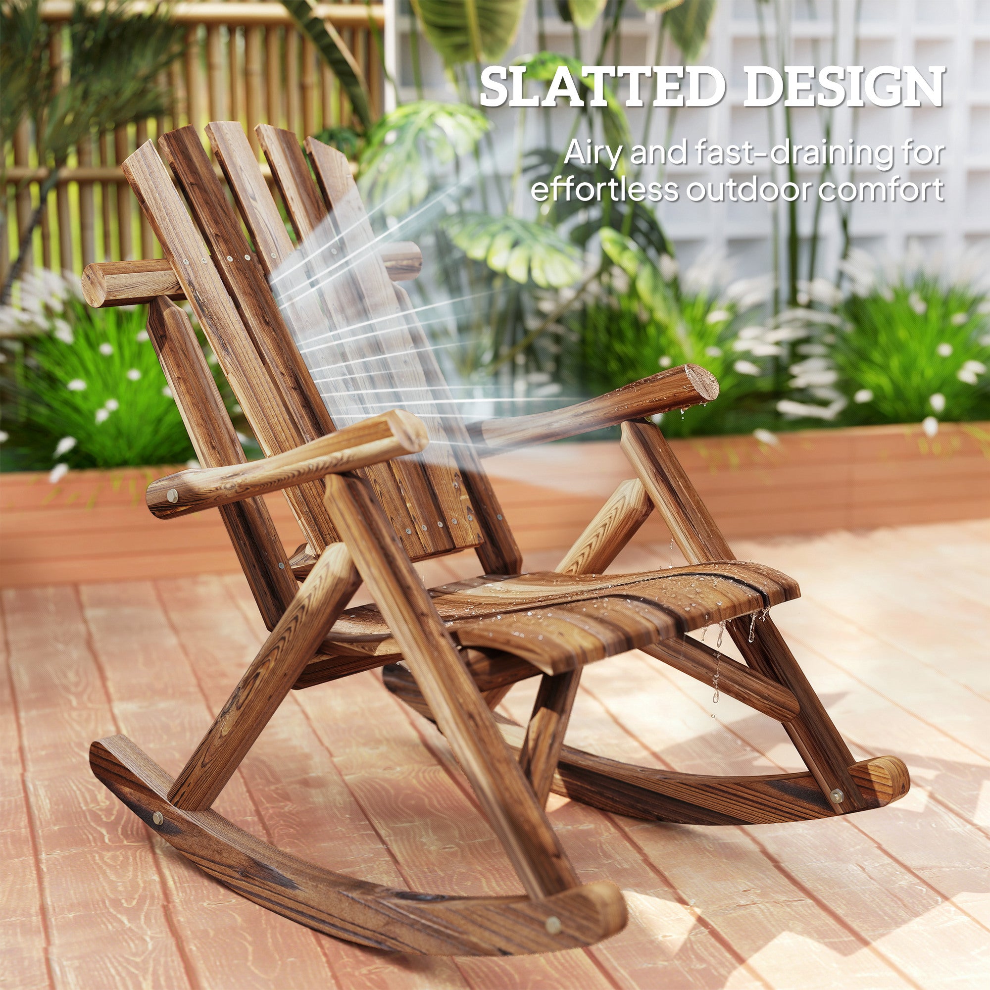 Wooden Outdoor Rocking Chair, Oversized Adirondack Patio Rocker with High Back and Slatted Seat, Carbonized