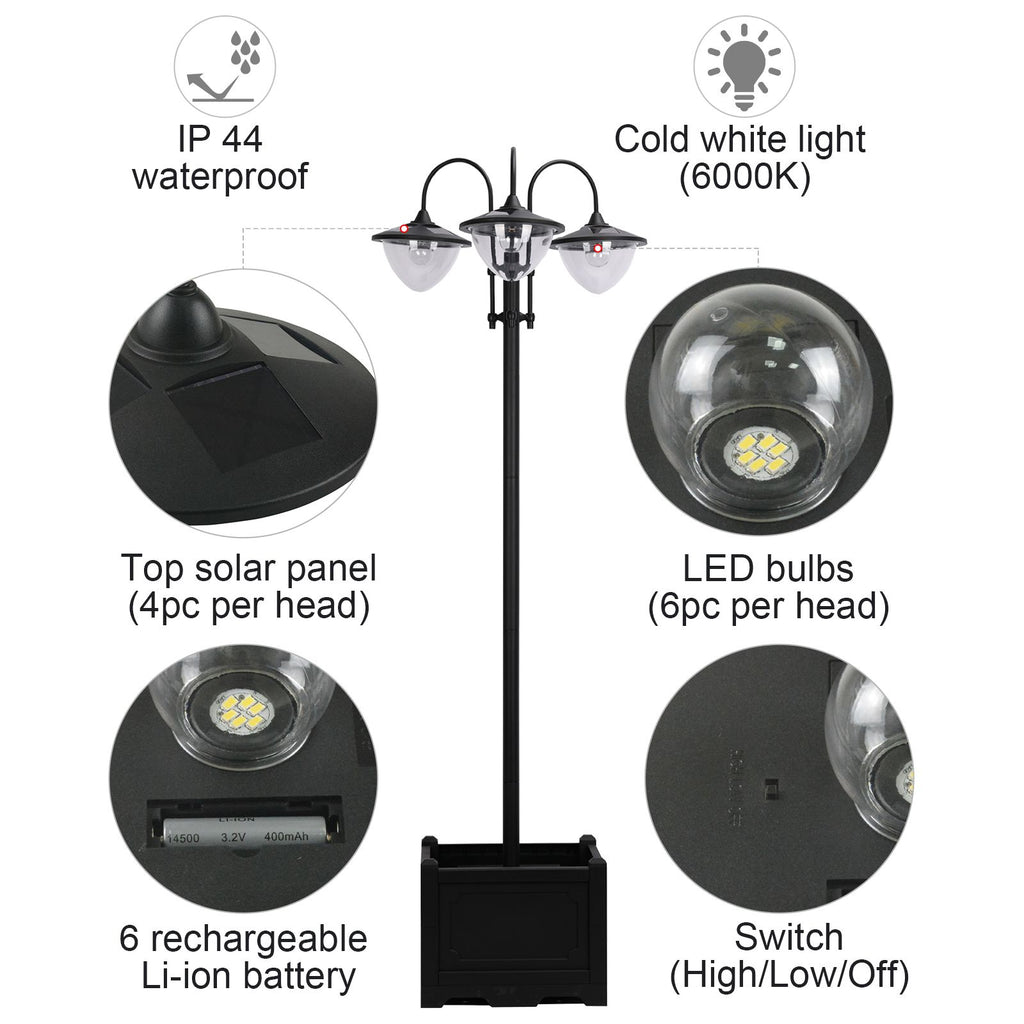3-head LED Solar Light Lamp Street Light Post with Planter, Solar-powered Lamp Post, Black