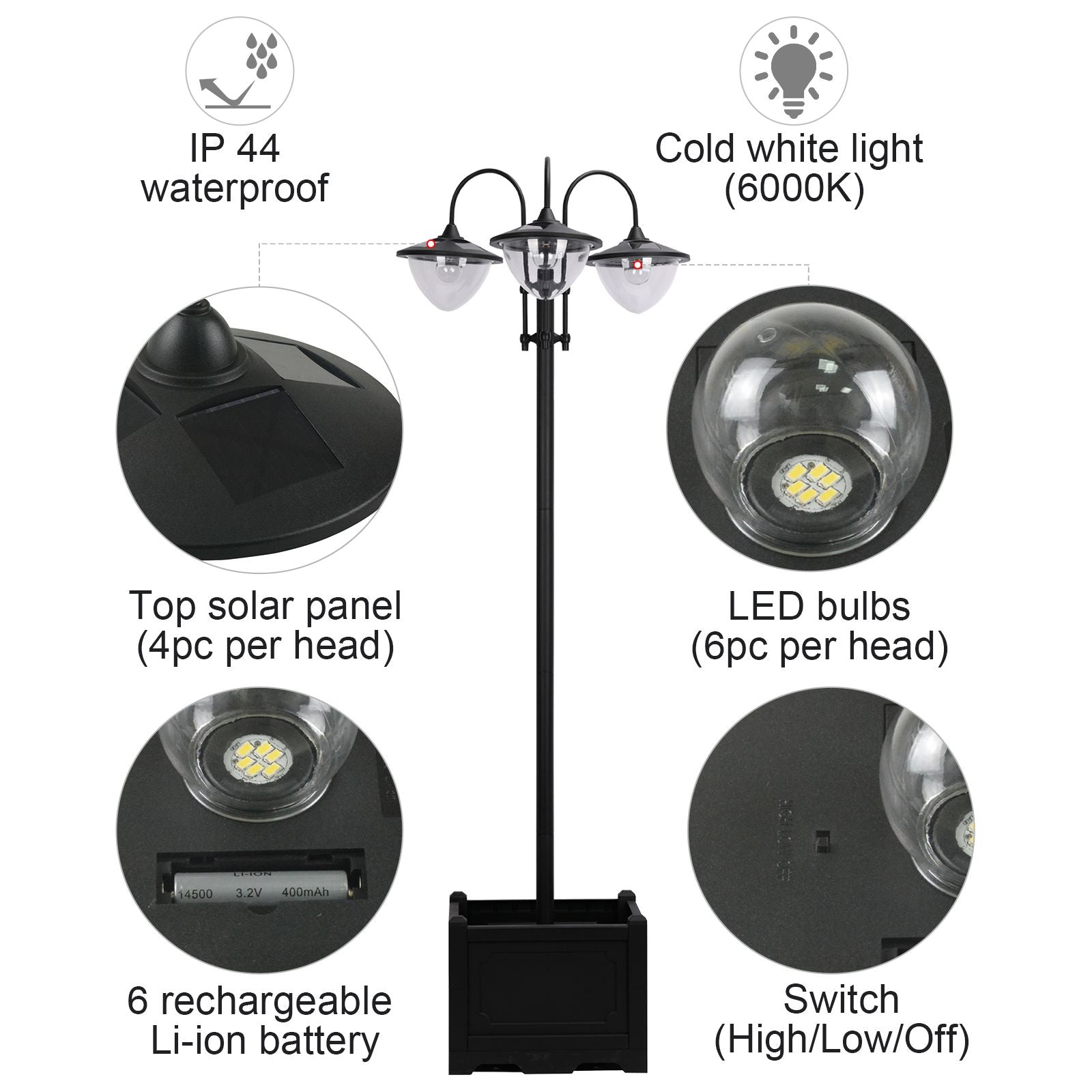 3-head LED Solar Light Lamp Street Light Post with Planter, Solar-powered Lamp Post, Black
