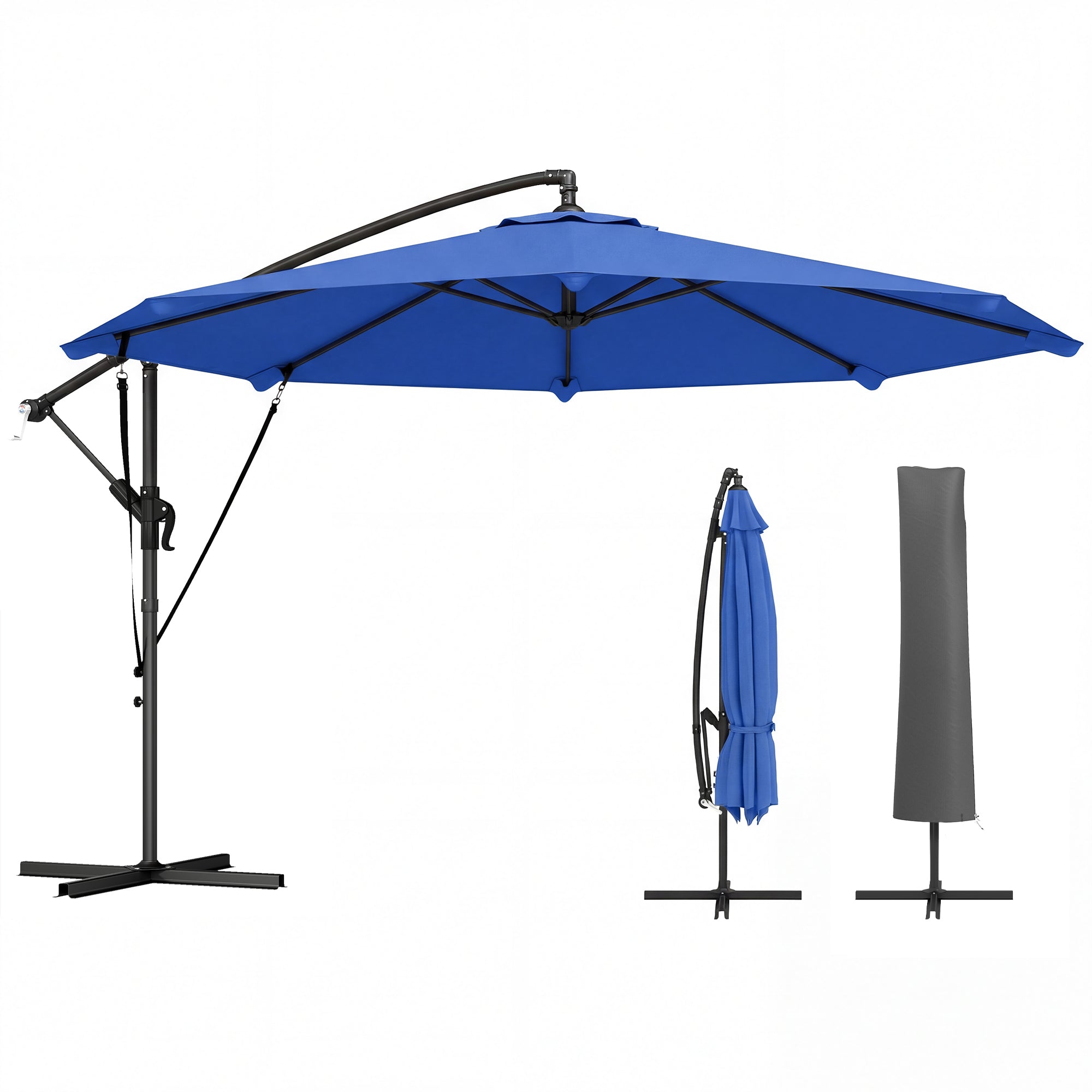 10FT Cantilever Patio Umbrella with 8 Ribs, Offset Patio Umbrella with Cover and Wind Ropes for Garden, Yard, Navy Blue