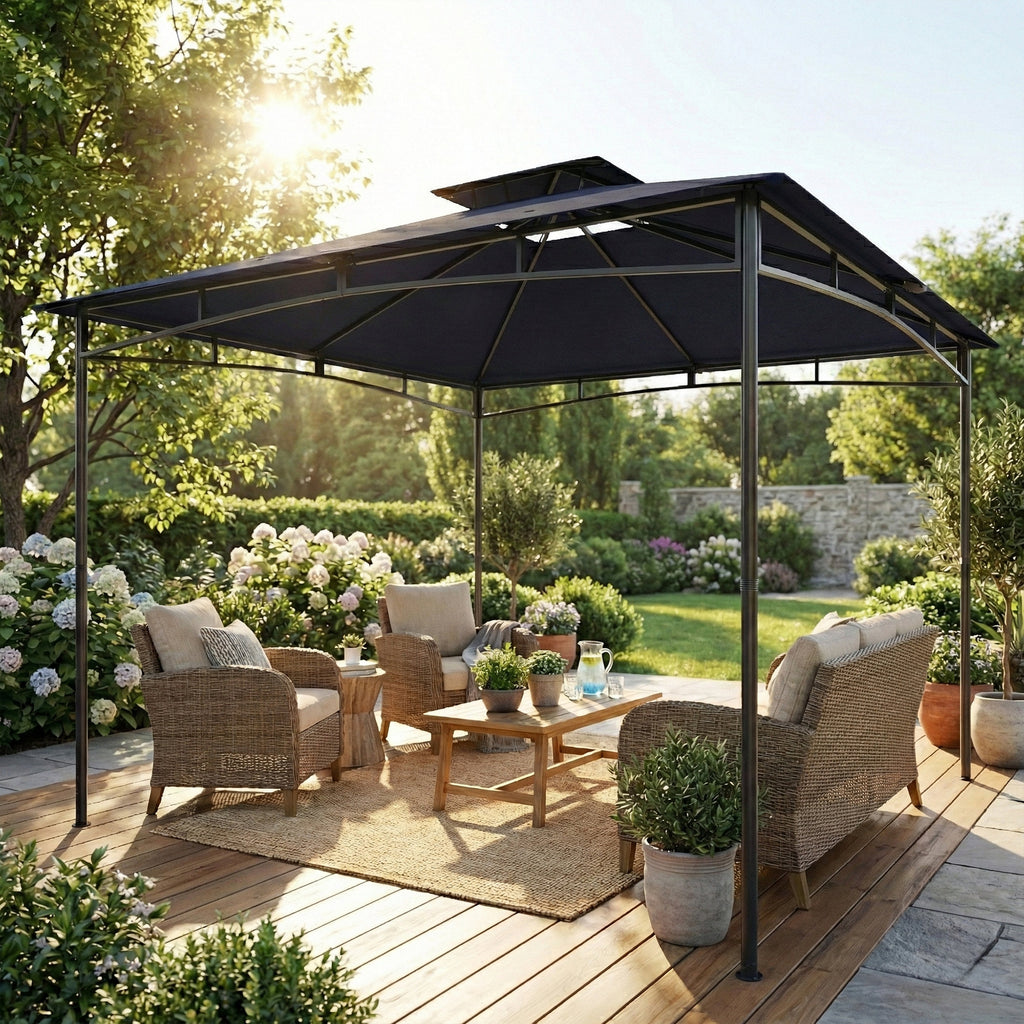 10' x 10' Gazebo, Soft Top Outdoor Gazebo with 2-Tier Roof, Metal Frame, Navy Blue