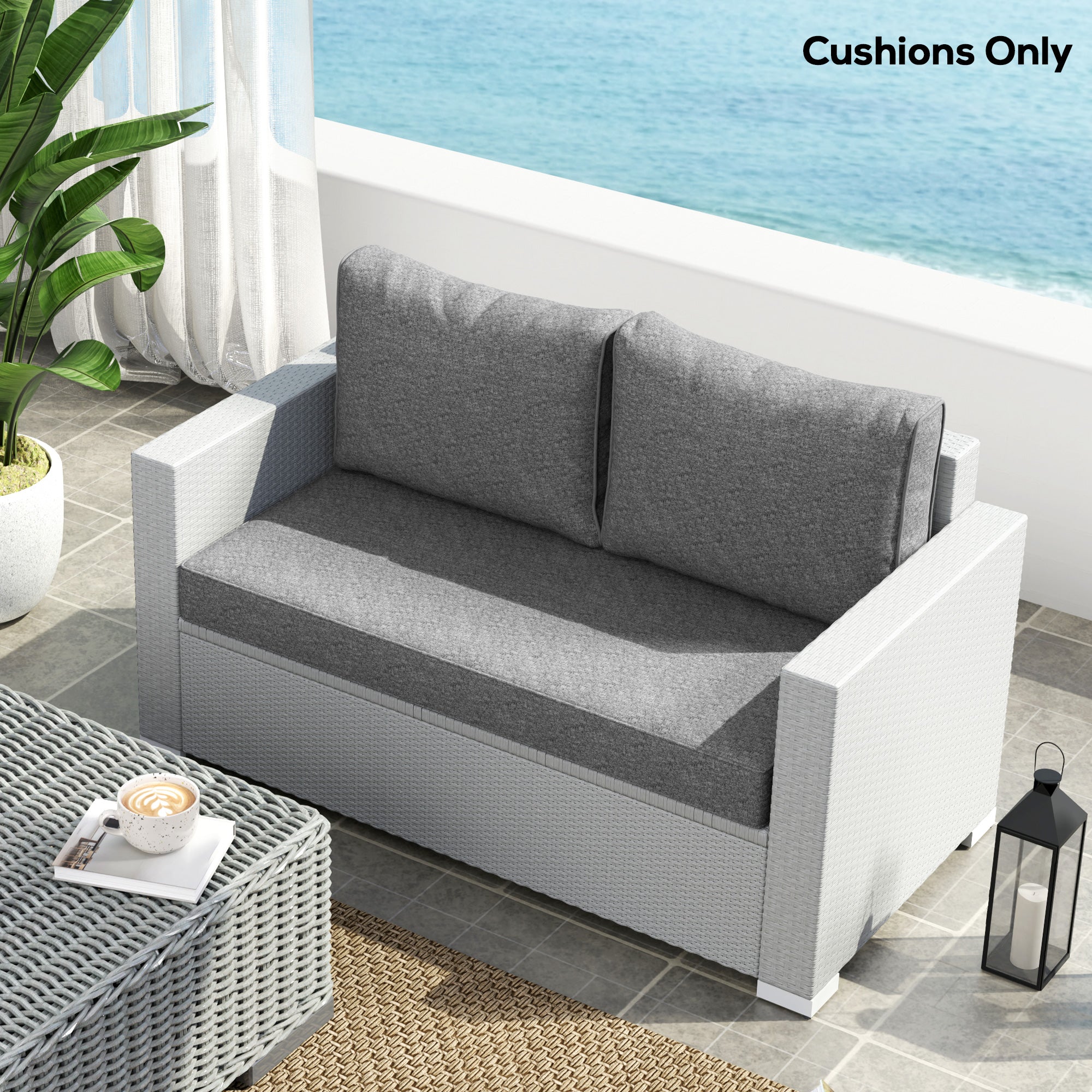 2 Seater Outdoor Seat Cushions with Backrest, Loveseat Double Sofa Outdoor Furniture Cushions, Grey