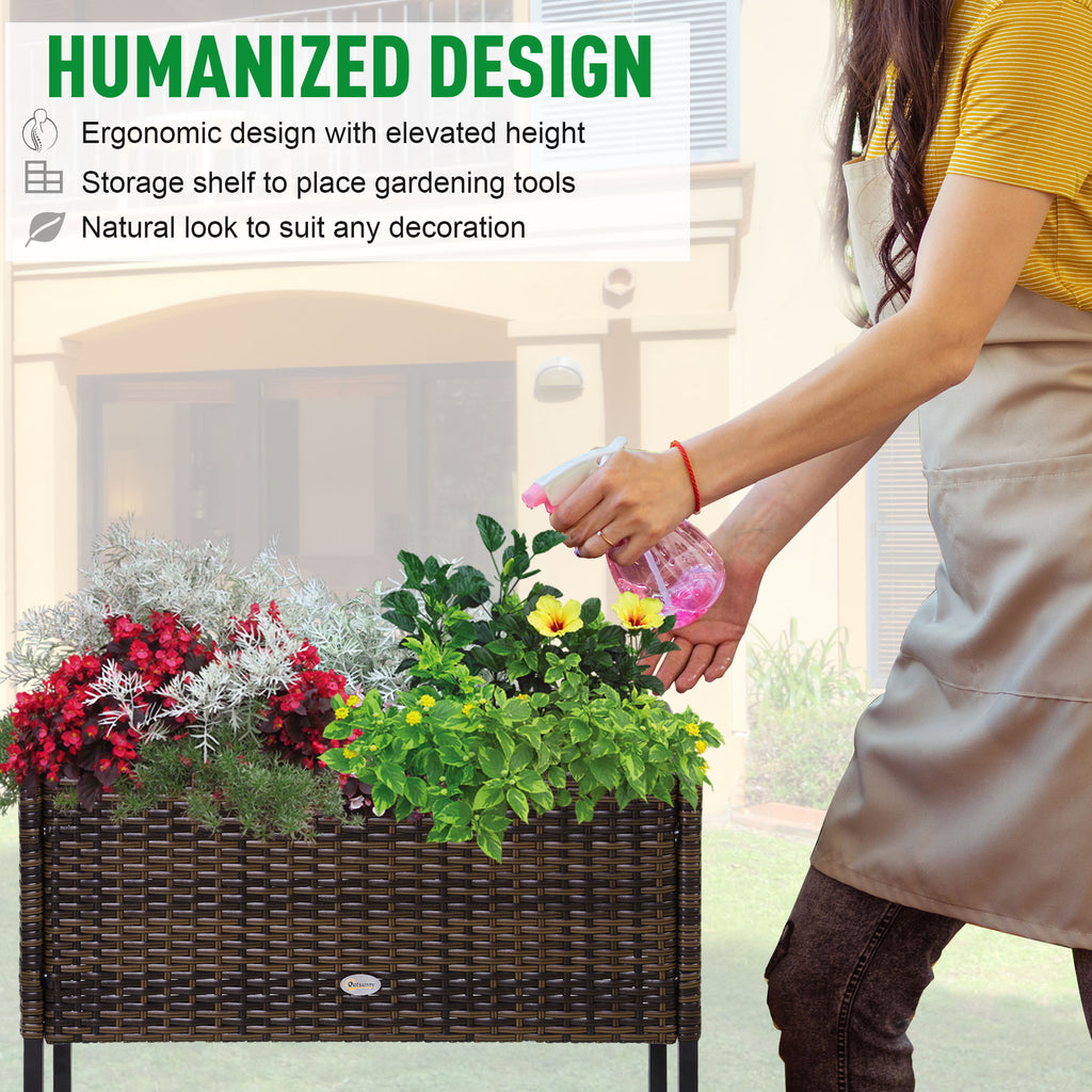 Rattan Raised Garden Boxes, Elevated Flower Beds with Storage Shelf for Herbs, Flowers, Vegetables, Brown