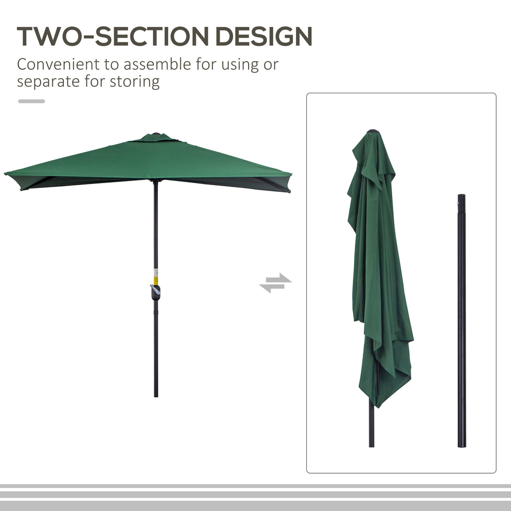 8ft Half Umbrella with Crank Operation UV30+ Protection Balcony Parasol w/ 5 Ribs Patio Garden Outdoor Sun Shade, Green
