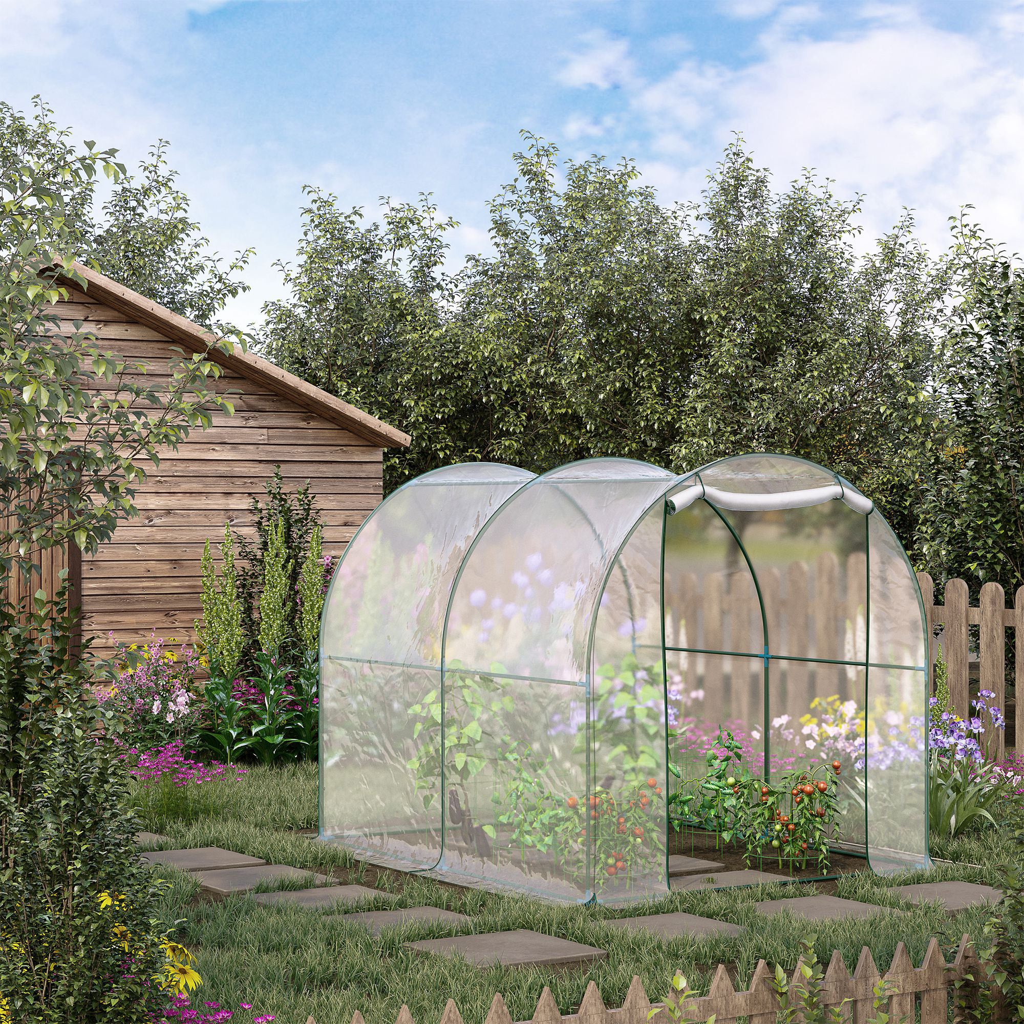Dome Tunnel Greenhouse Plant Shed with Roll Up Door, 6.6' x 8.2' x 6.6', Transparent