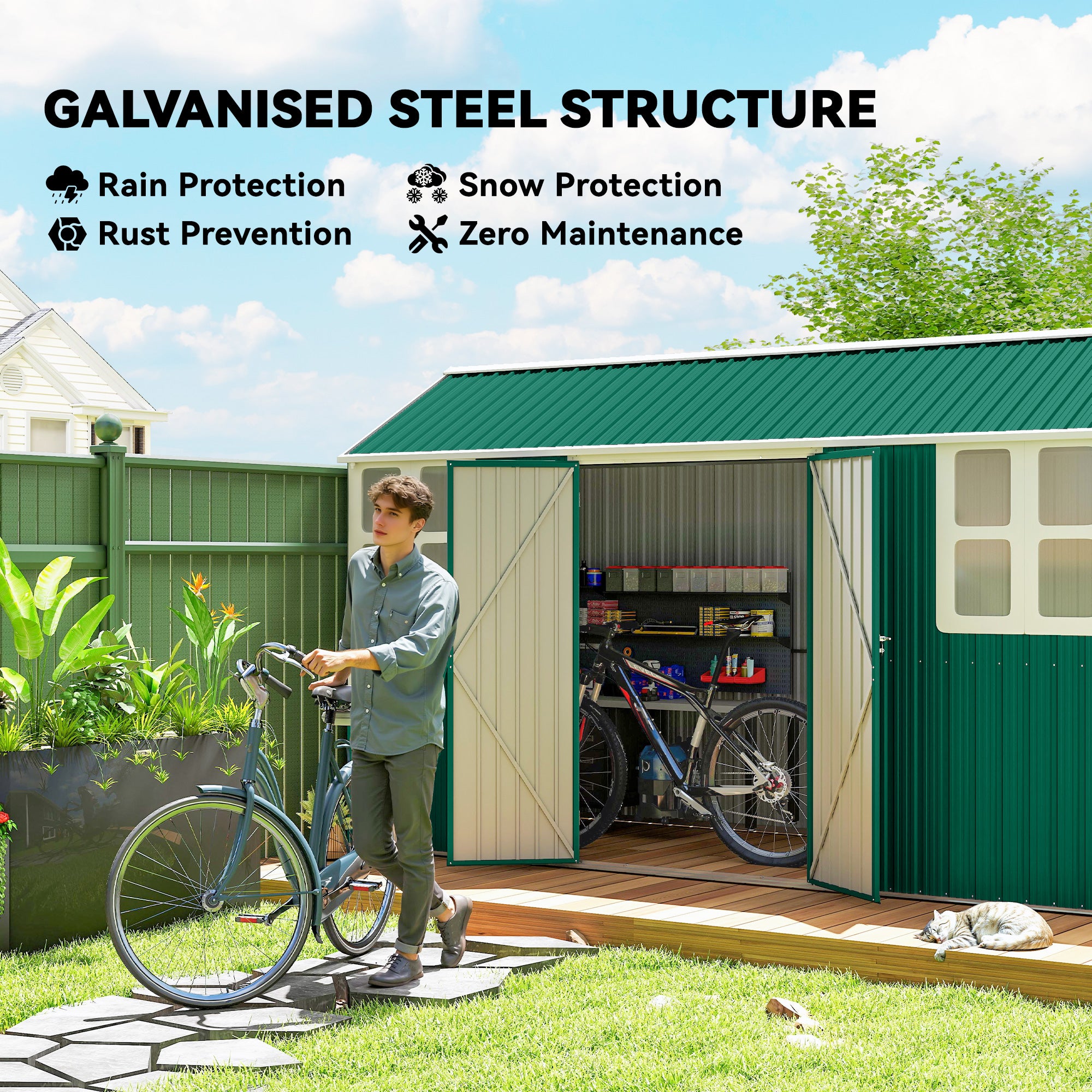 12' x 5.5' Metal Garden Storage Shed, Outdoor Tool Storage House with Lockable Door, Vents, Sloped Roof, Green
