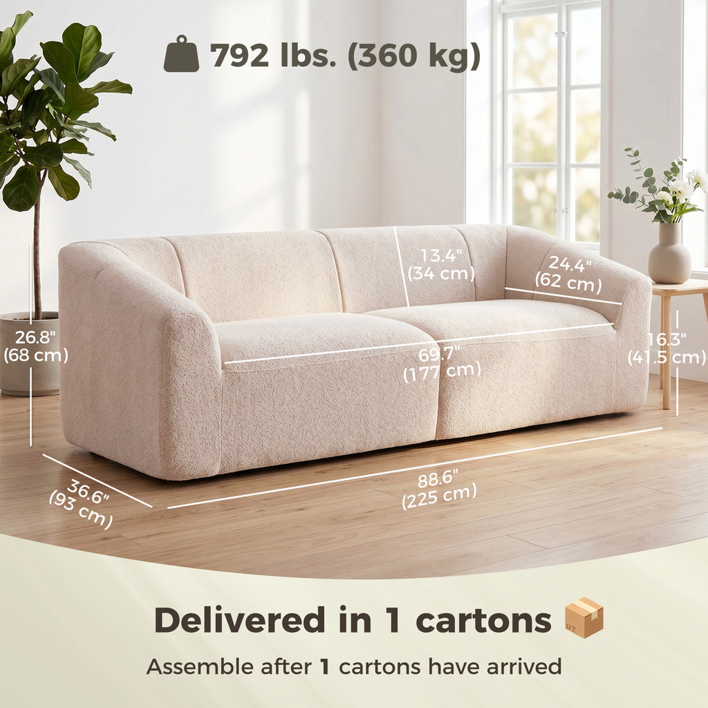 3 Seater Sofa, Chenille Boneless Cloud Couch with Spring Cushion, Wide and Deep Seat, Beige