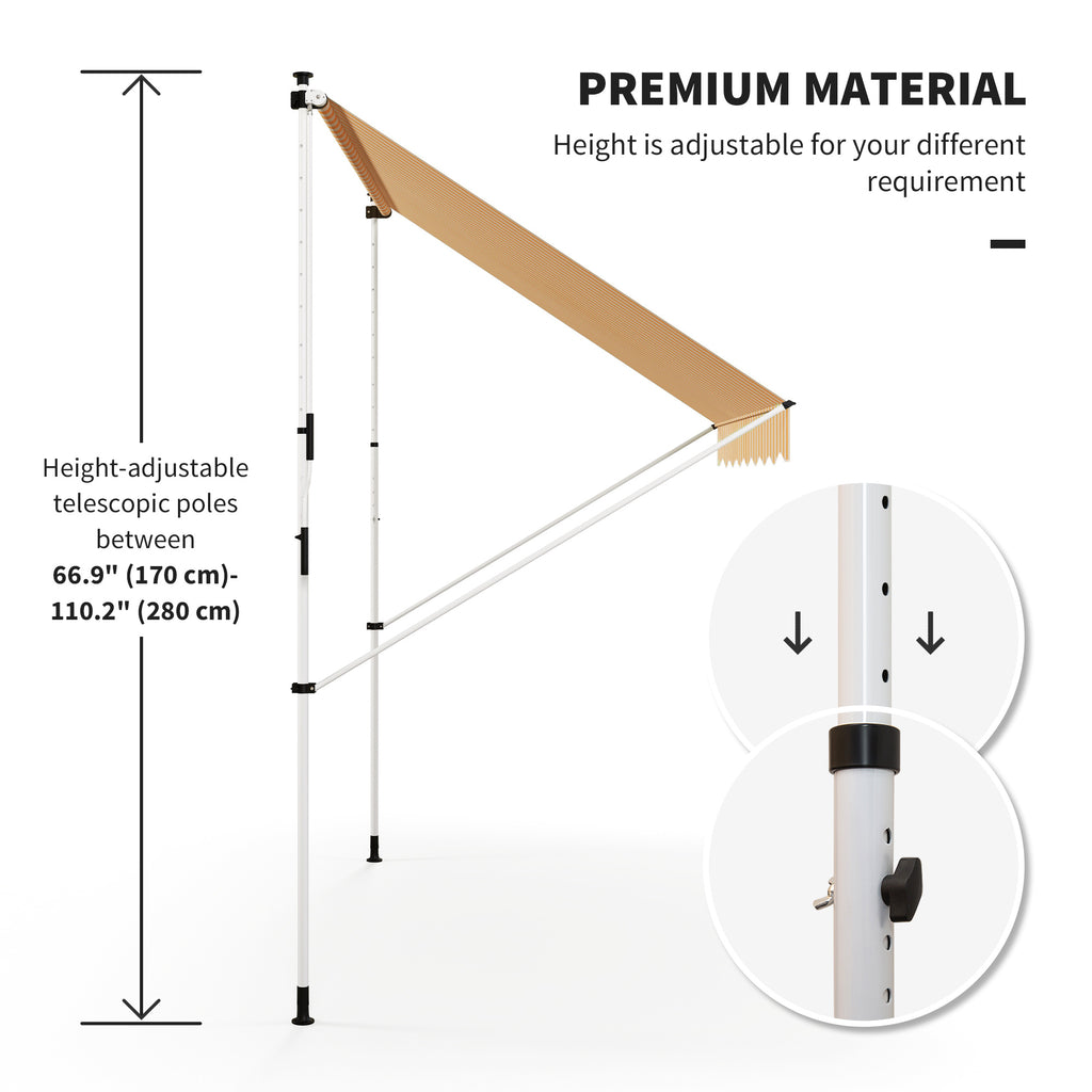 10x5ft Manual Retractable Awning, Patio Sun Shade Canopy Shelter with 5.6-9.2ft Support Pole, Water Resistant UV Protector, for Window, Door, Porch, Deck, Yellow