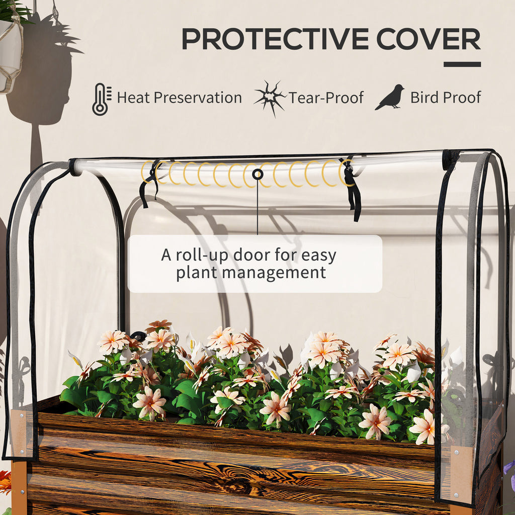 Raised Garden Bed with Cover, Metal Elevated Planter Box with Bottom Shelf and Liner, Dark Brown Wood Effect