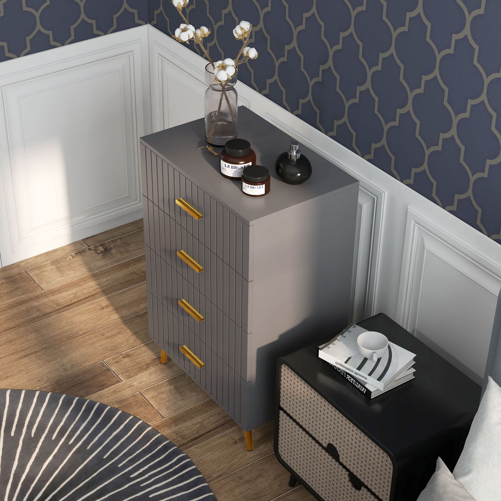 4 Drawer Cabinet, Drawer Chest for Bedroom, Chest of Drawers with Aluminium Legs and Gold Handles, Dark Grey