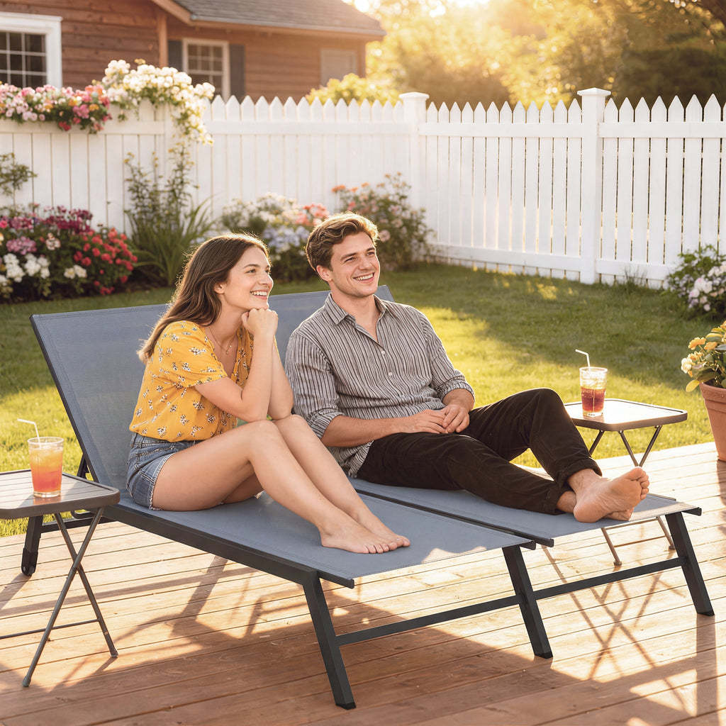 Chaise Lounge Chair for 2 Person, Outdoor Lounge Chair with 5-Position Adjustable and Wheels