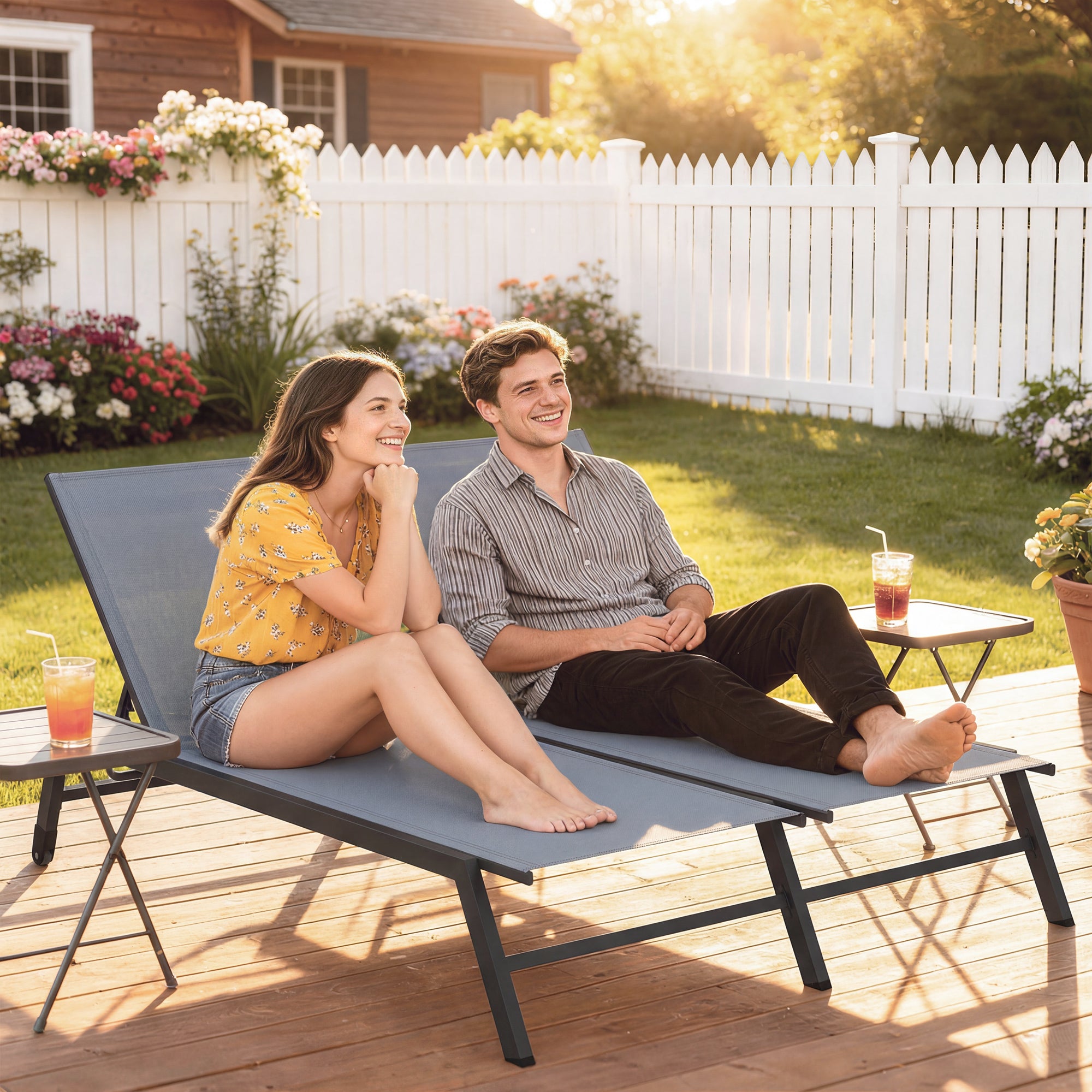 Chaise Lounge Chair for 2 Person, Outdoor Lounge Chair with 5-Position Adjustable and Wheels