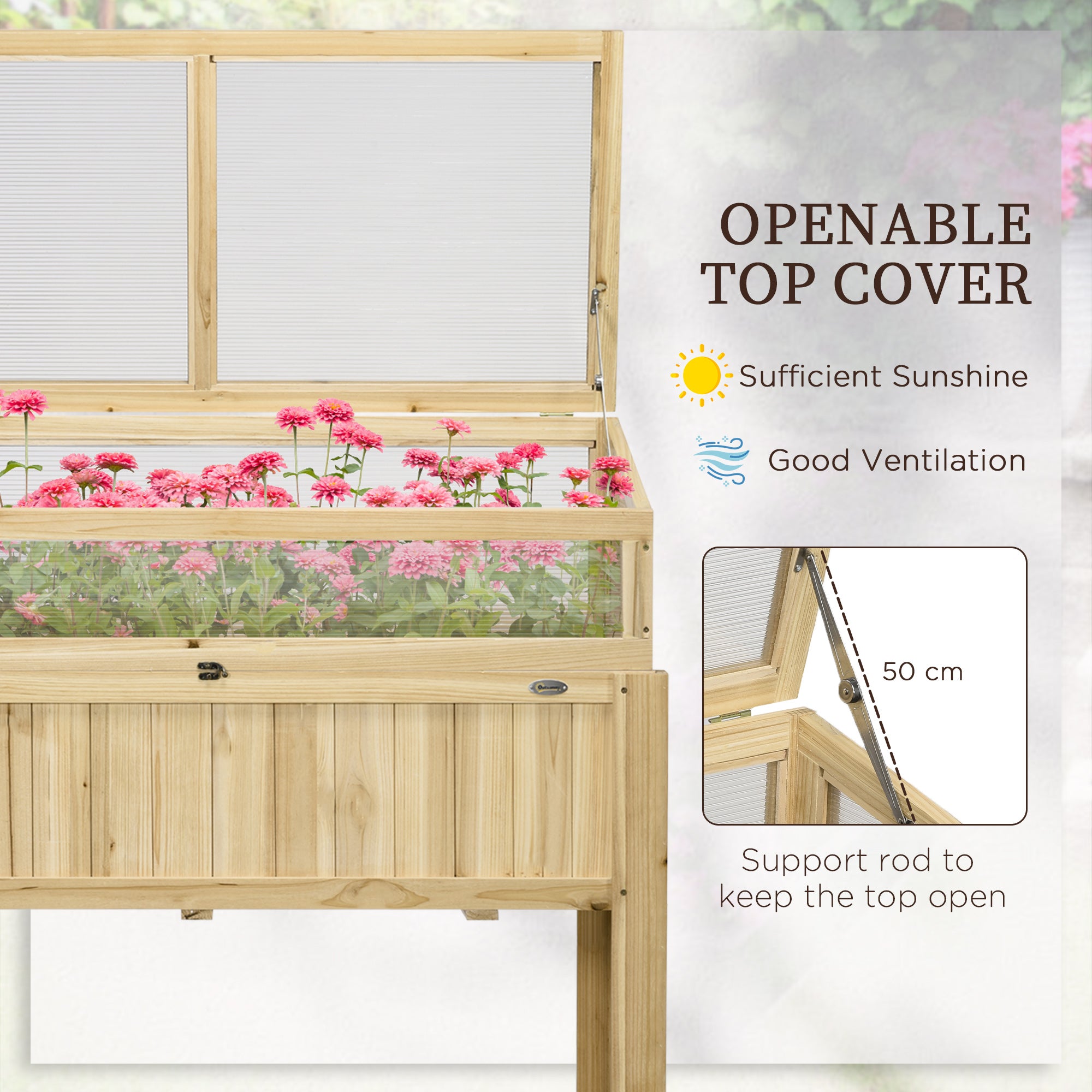 Raised Garden Bed, Outdoor Wooden & PVC Elevated Planter Box with Cold Frame Greenhouse and Storage Shelf, Natural