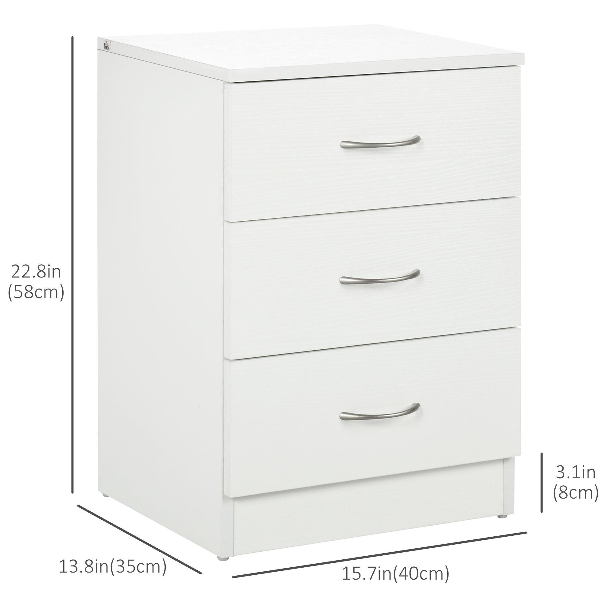 Bedside Table with 3 Drawers, Modern Wood Nightstand, Side End Table for Bedroom, White