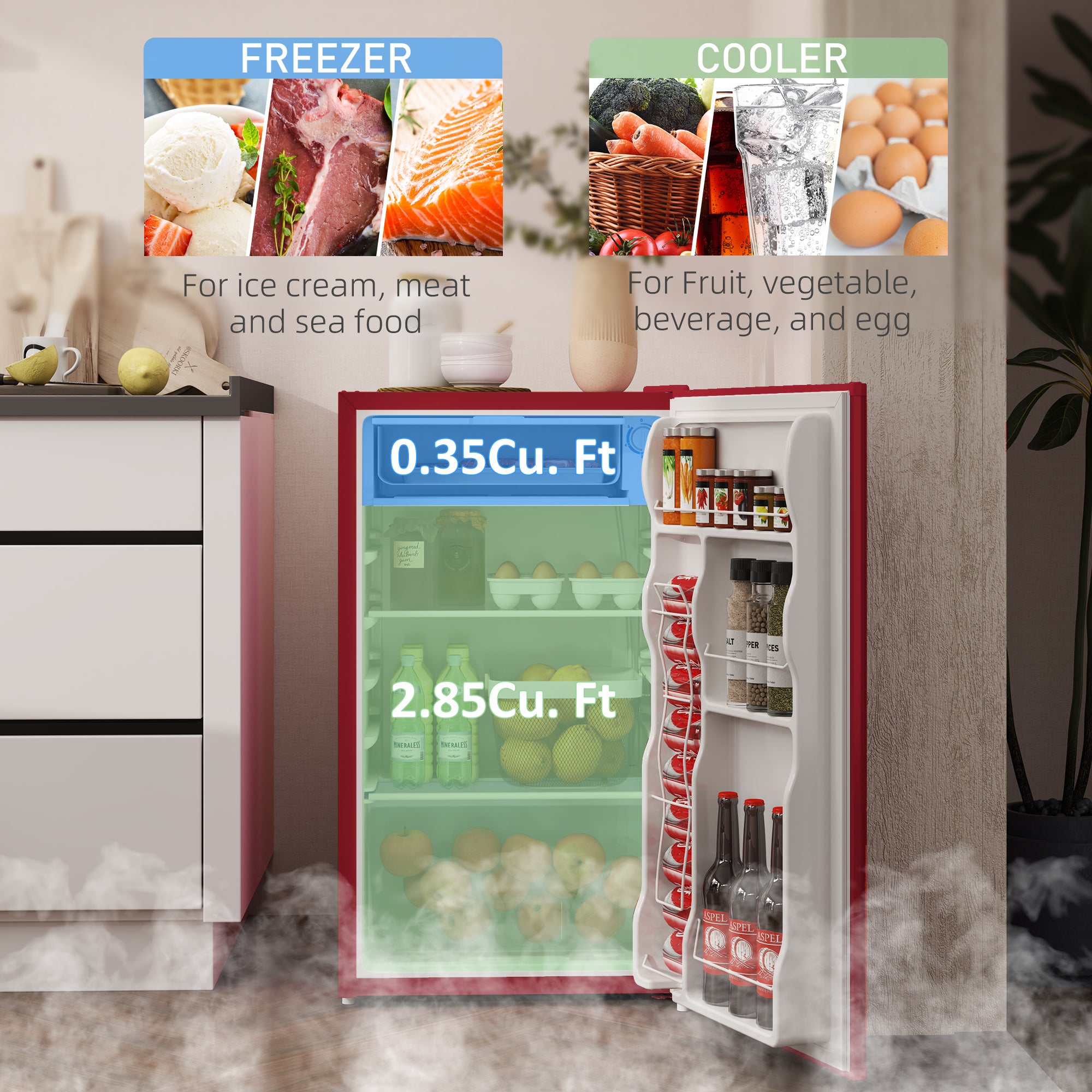 Compact Refrigerator, Mini Fridge with Freezer, Adjustable Shelf, Mechanical Thermostat and Reversible Door, Red
