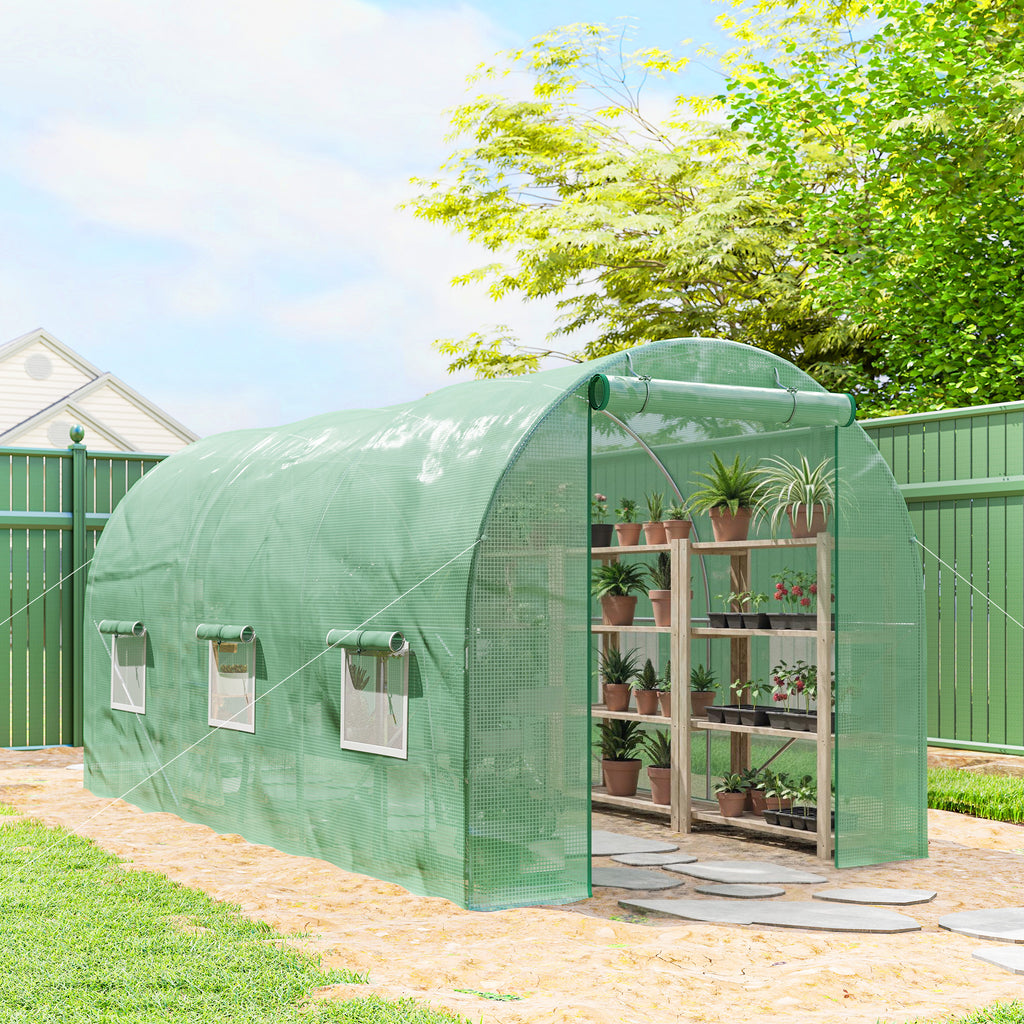 15' x 6.6' x 6.6' Walk-in Tunnel Greenhouse Garden Plant Seed Growing Warm House Outdoor Hot House w/ Roll Up Door, Windows, PE Cover Green