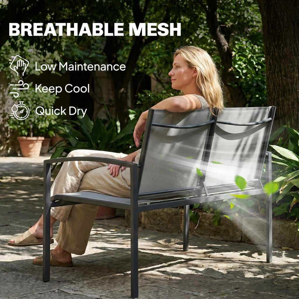 Outdoor Garden Bench, 44 in Metal Patio Garden Park Bench with Breathable Mesh Fabric, 528 lb Load Capacity, Grey
