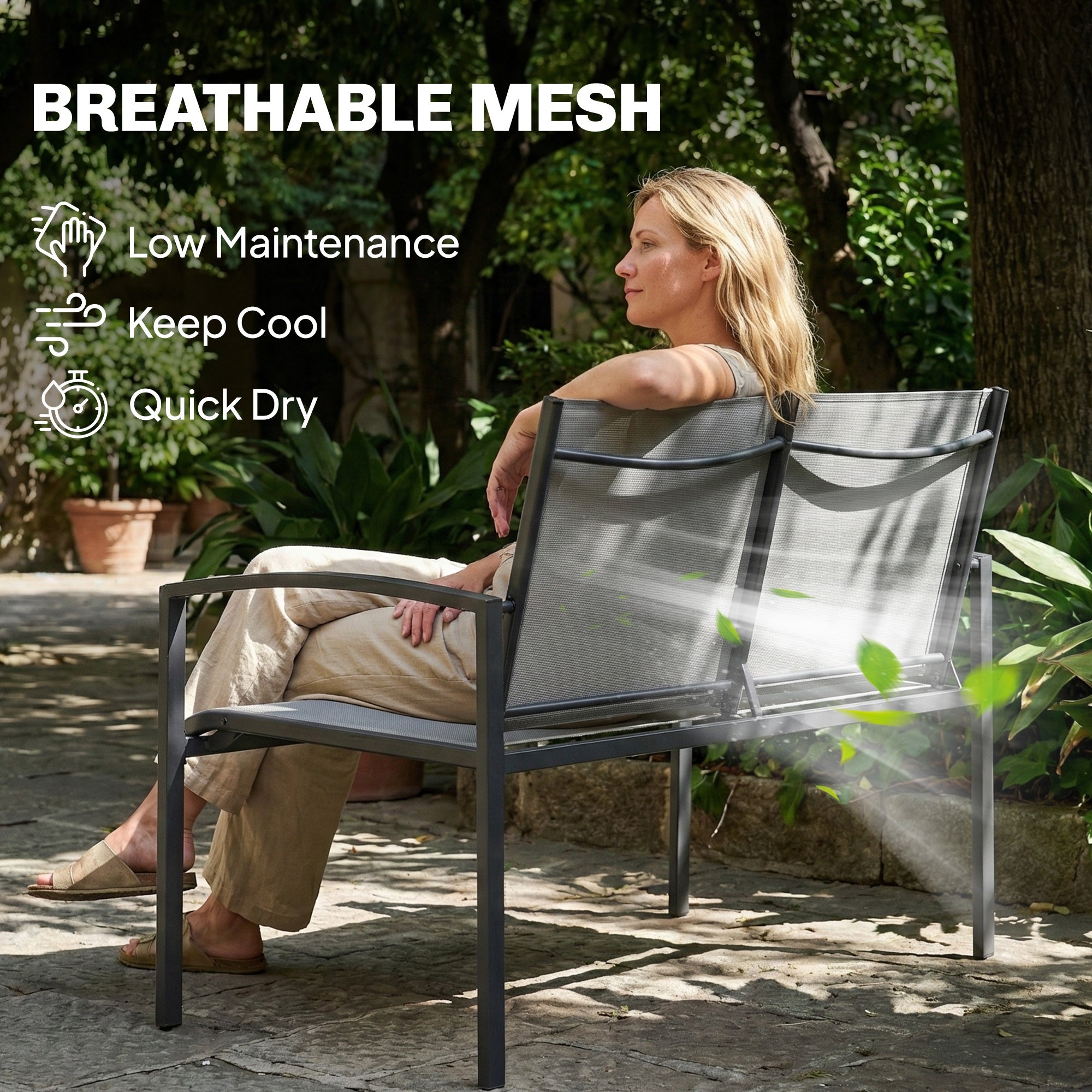 Outdoor Garden Bench, 44 in Metal Patio Garden Park Bench with Breathable Mesh Fabric, 528 lb Load Capacity, Grey