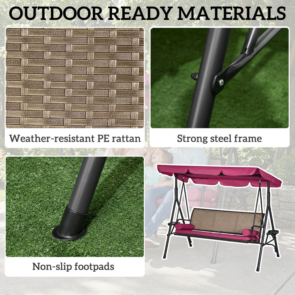 Outdoor 3-Seat Porch Swing with Canopy, Rattan Seat, Removable Cushion, Pillows and Steel Frame