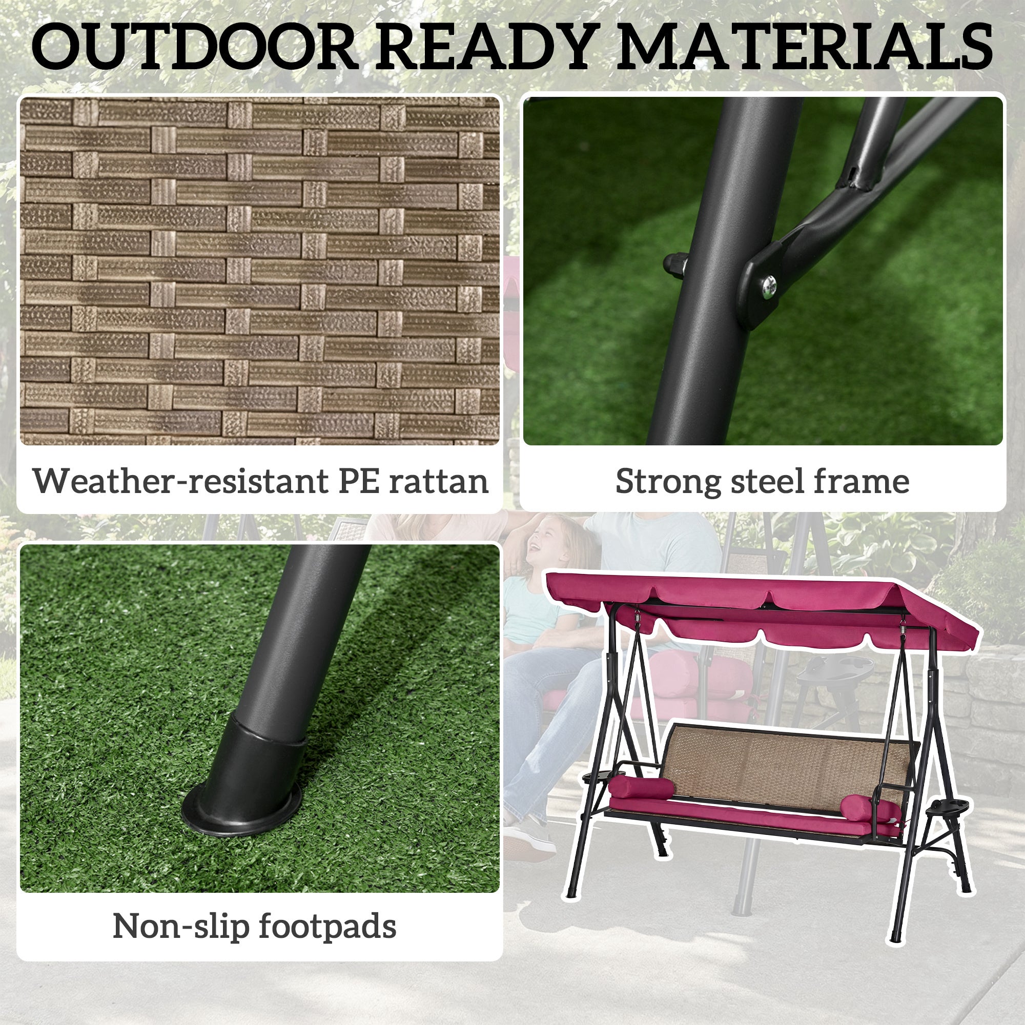 Outdoor 3-Seat Porch Swing with Canopy, Rattan Seat, Removable Cushion, Pillows and Steel Frame