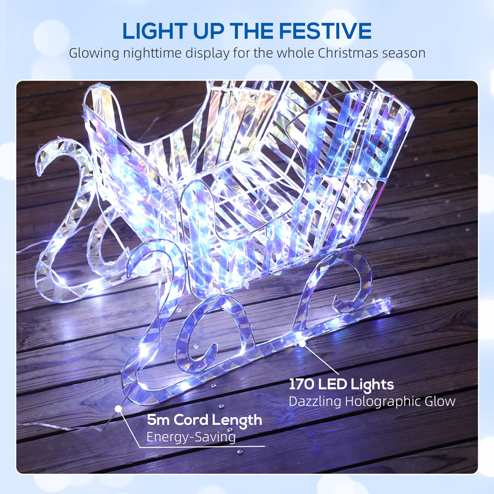 Lighted Christmas Reindeer with Sleigh, Outdoor Reindeer with 170 LED Lights and Stakes, Holiday Decor, Silver
