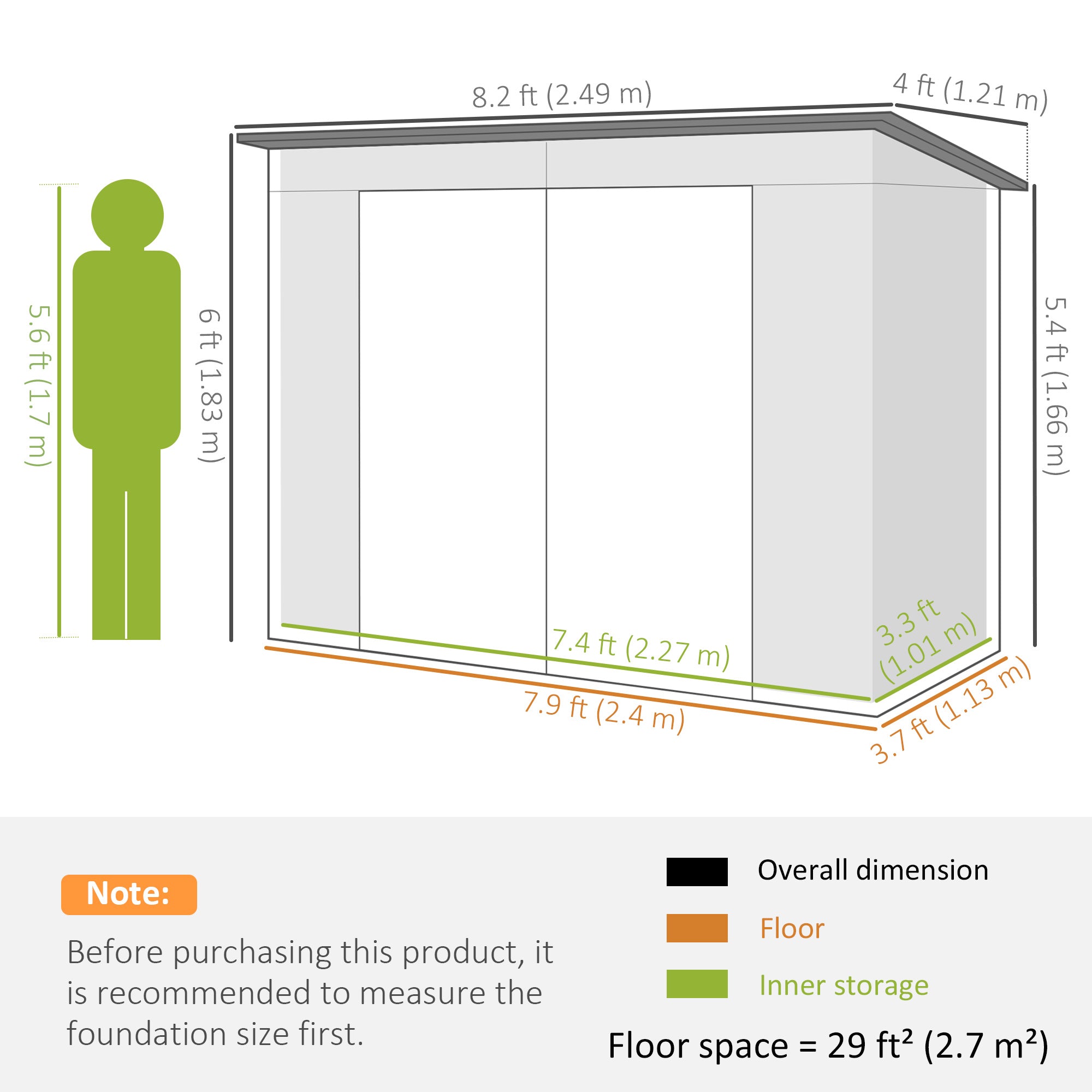 8 x 4FT Galvanized Garden Storage Shed, Metal Outdoor Shed with Double Doors and 2 Vents, Grey
