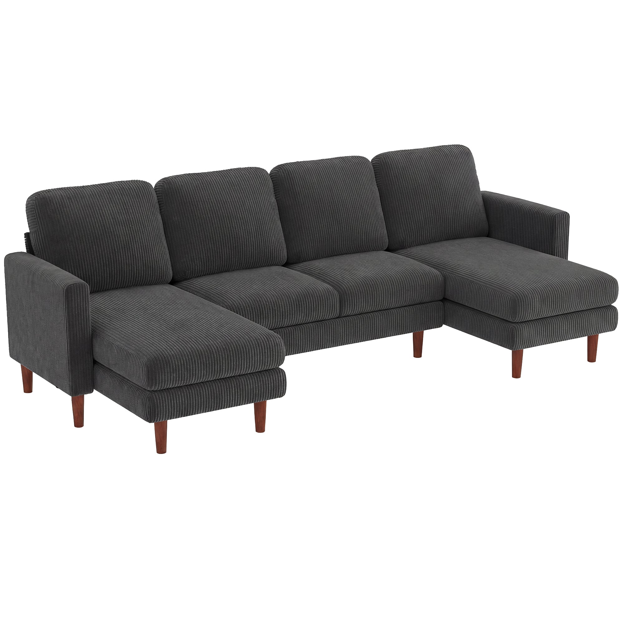 Sectional Sofa, Corduroy U Shaped Couch with Double Chaise and Spring Cushions, 2200lb Capacity, Dark Grey