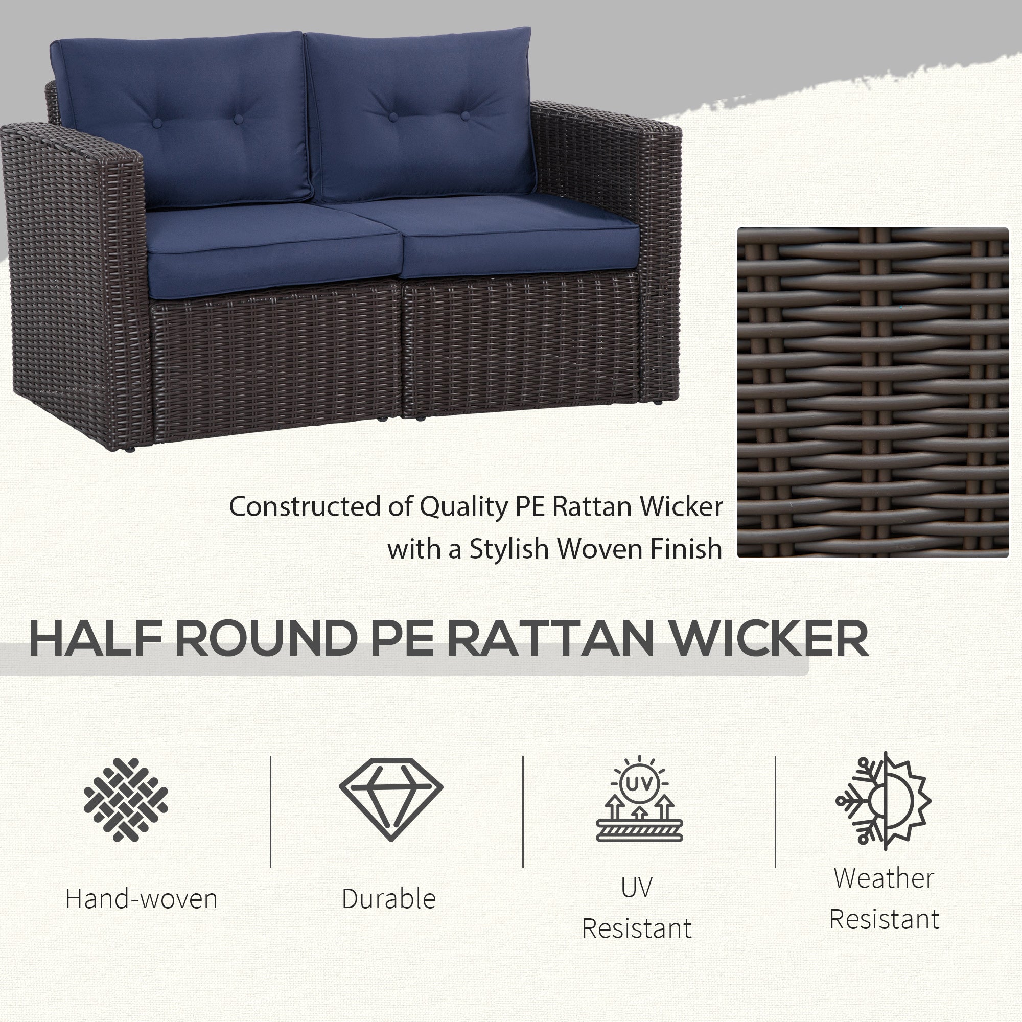 2 Pieces Patio Furniture Set Outdoor Loveseat Wicker Corner Sofa Set Outdoor Freely Combination PE Rattan Furniture, W/ Curved Armrests & Padded Cushion for Balcony, Garden, Lawn, Dark Blue