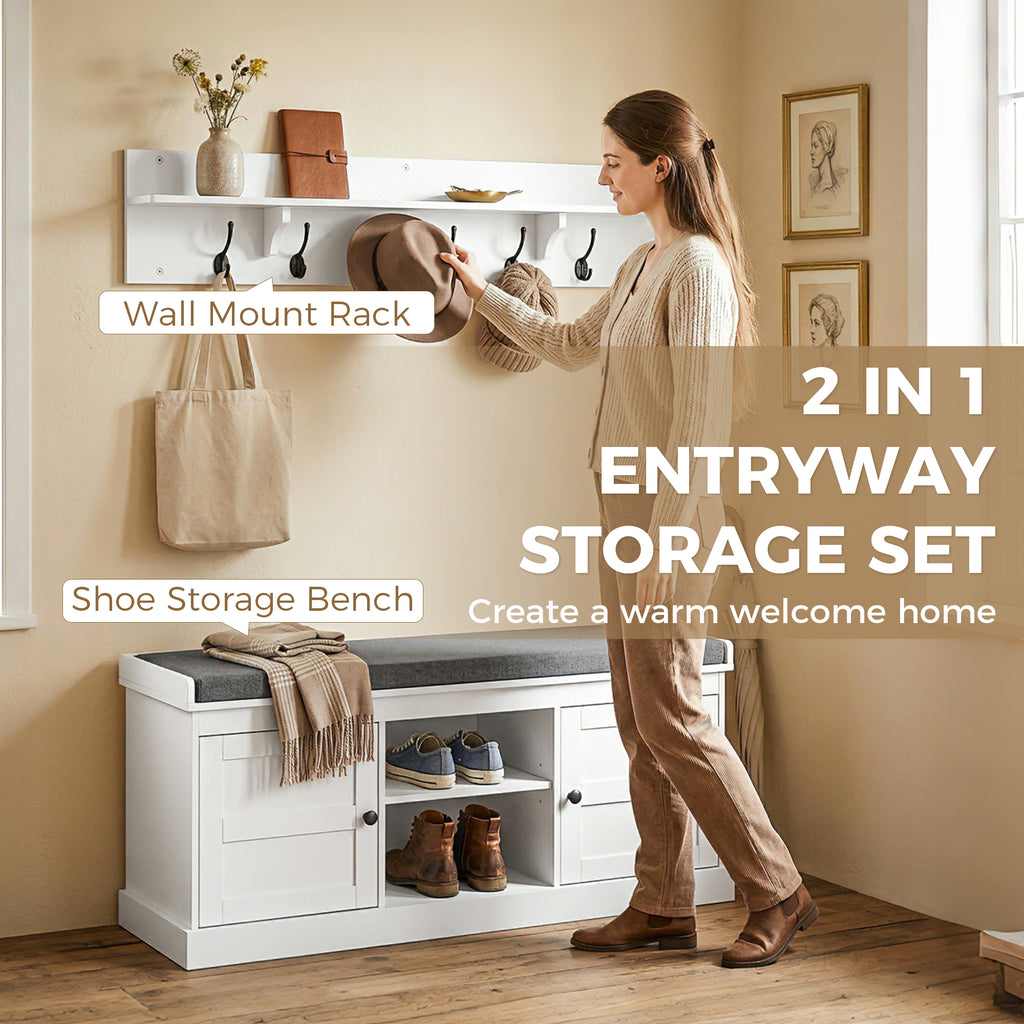 2 in 1 Coat Rack Shoe Bench Set with 6 Hooks and Shoe Storage Bench, White and Grey