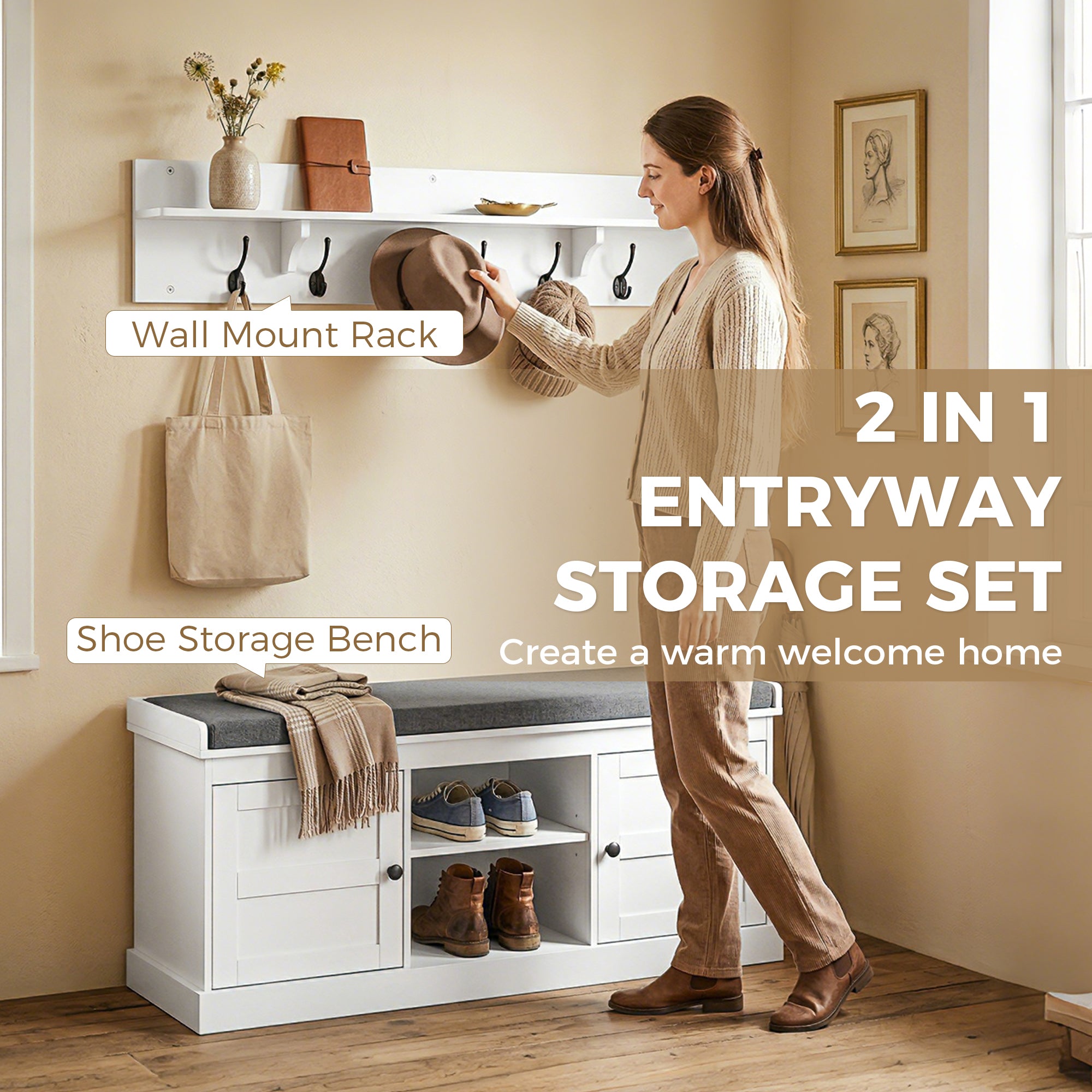 2 in 1 Coat Rack Shoe Bench Set with 6 Hooks and Shoe Storage Bench, White and Grey