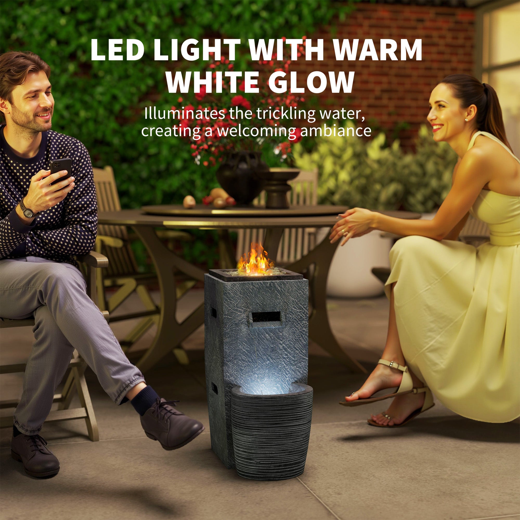 16.5" x 11" x 22.4" Propane Fire Pit Table with Fountain, 15000 BTU Outdoor Gas Fire Table with LED Light Adjustable Water Flow, Fire Fountain Water with Glass Rocks, Grey