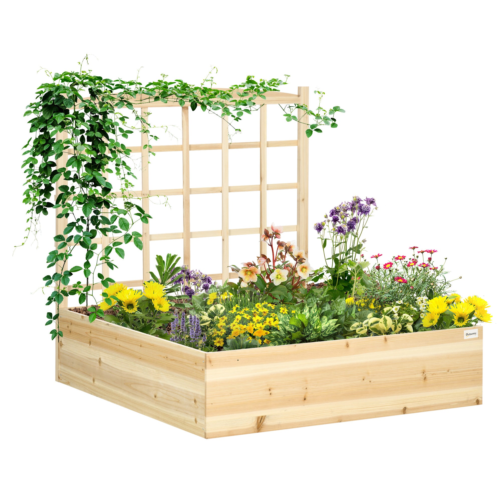 Wood Planter Box with Trellis for Climbing Plants, Raised Garden Bed for Outdoor Flowers Herbs, 43"x46"x47", Natural