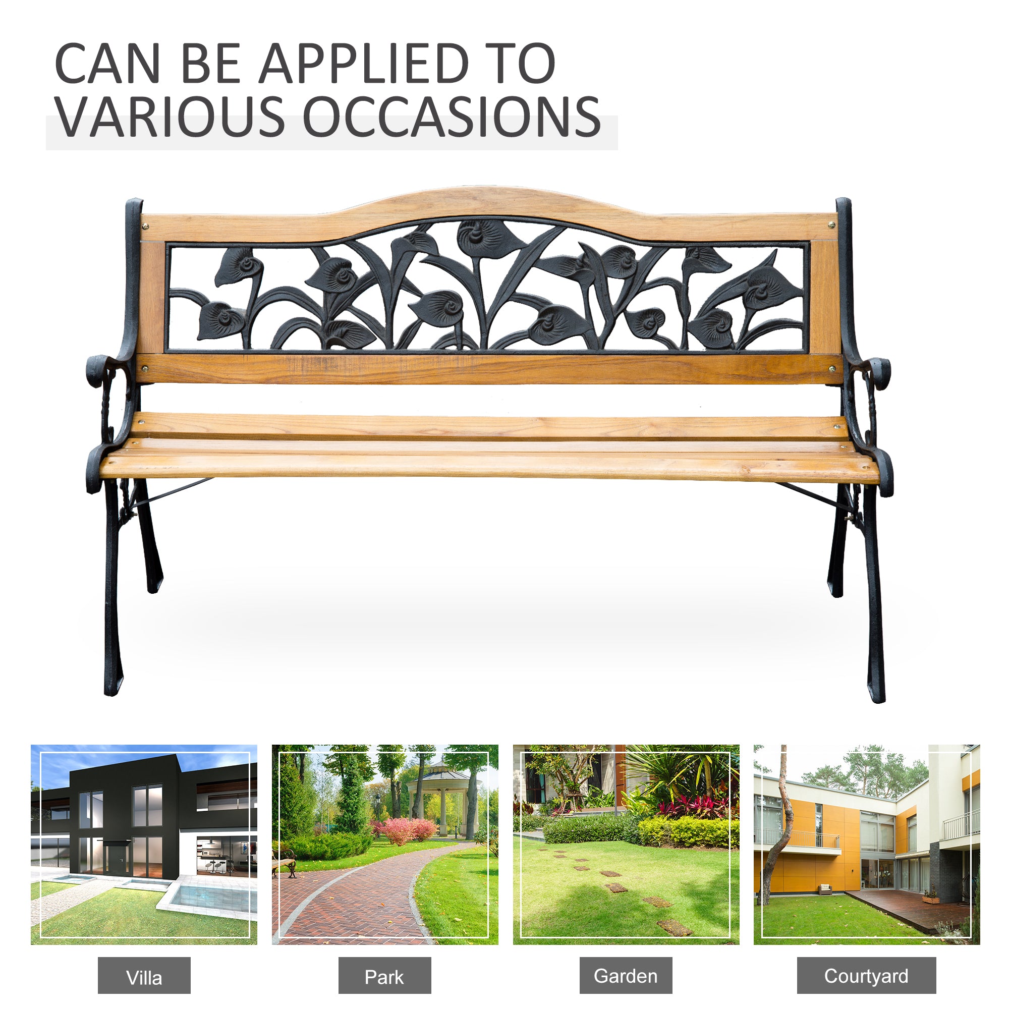 50" 2-Seater Garden Bench Chair, Loveseat for Yard, Lawn, Porch, Patio, Cast Iron/ Wooded, Natural