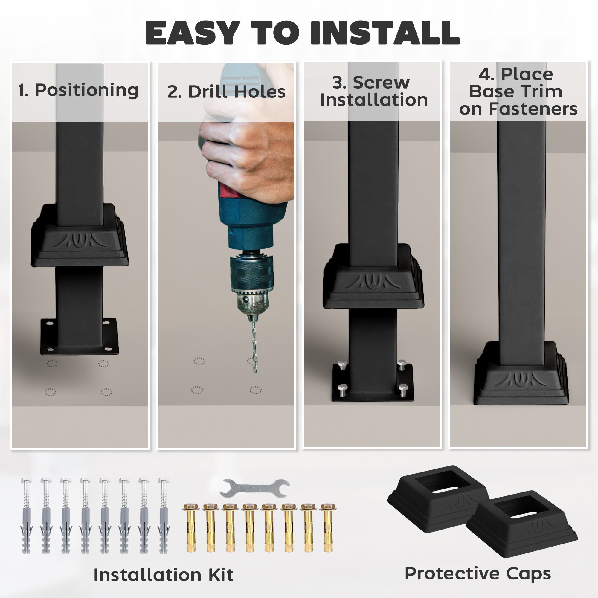 1-3 Step Handrails for Outdoor Steps, Porch Deck Railing, Metal Outdoor Stair Railing with Installation Kit, Black