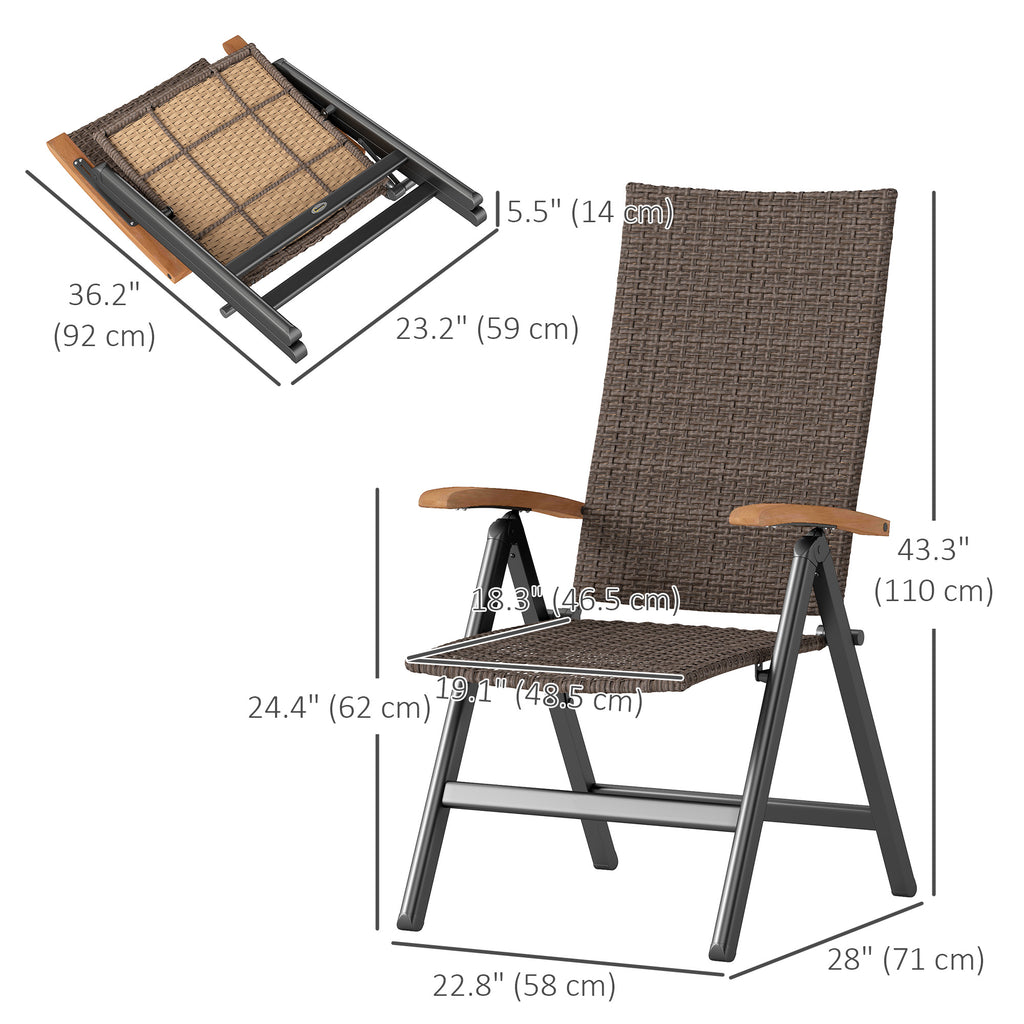 Folding Wicker Patio Dining Chair with 5-level Reclining Back, Wooden Armrests for Outdoor, Garden, Backyard, Brown