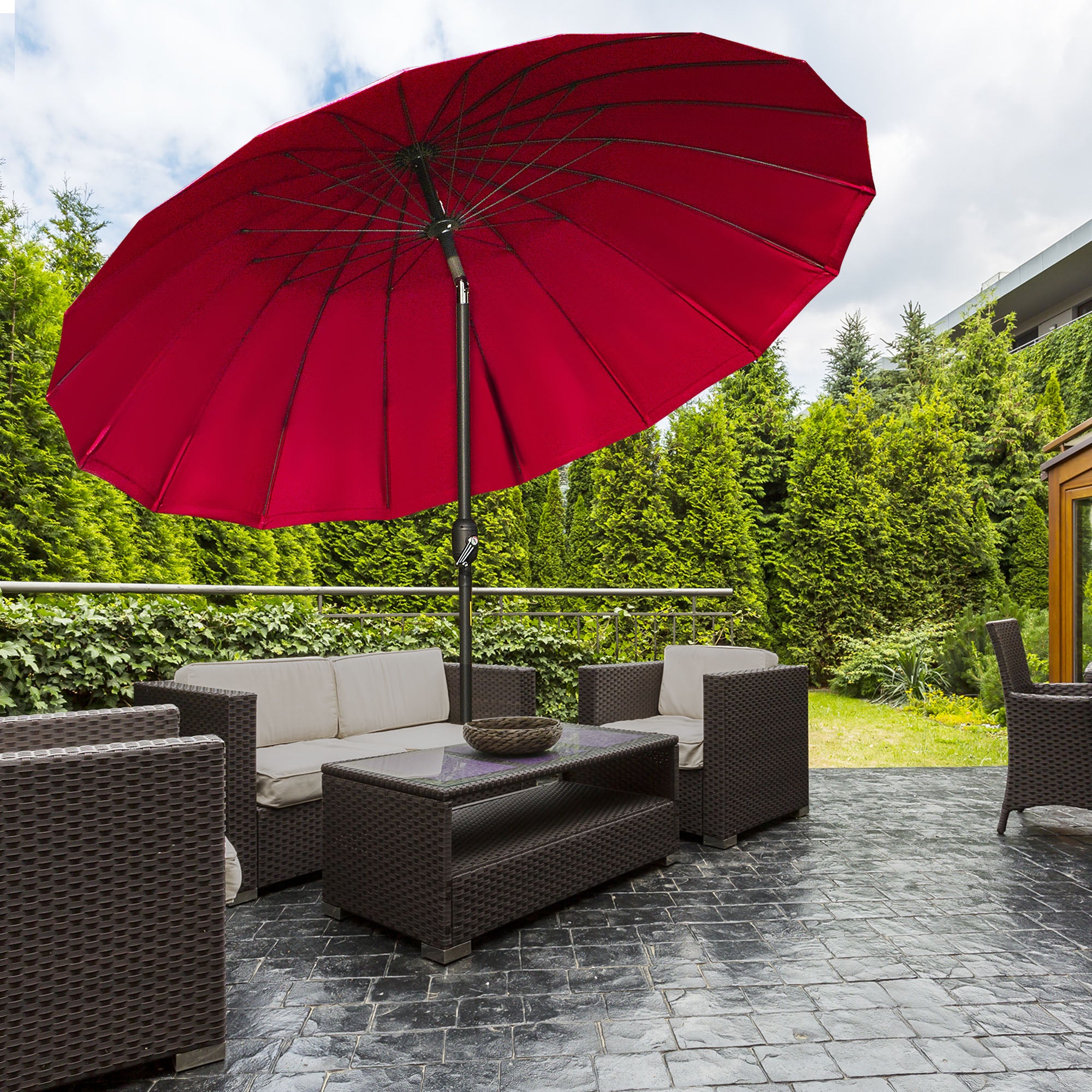 8ft Shanghai Garden Parasol Umbrella with Crank & Tilt, Adjustable Outdoor Sun Shade, Wine Red