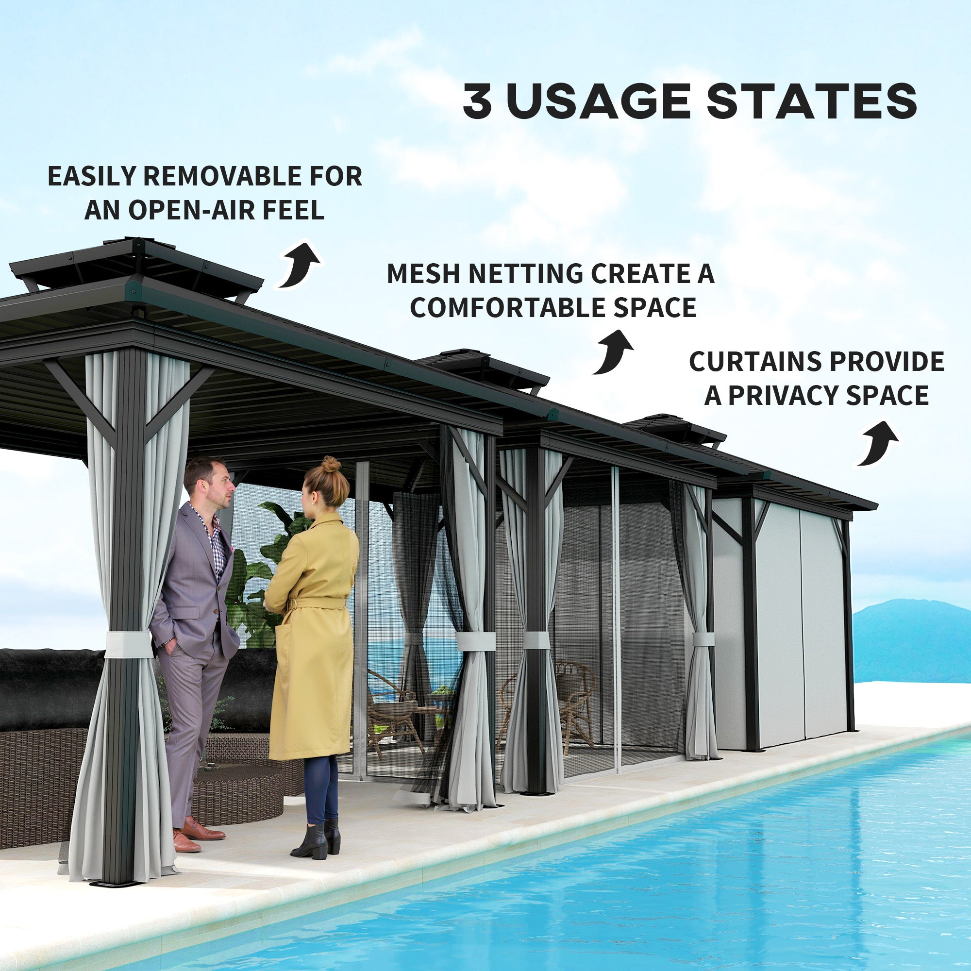 10' x 10' Hardtop Gazebo, Sun Shelter with Double Tier Metal Roof, Mosquito Netting, and Hanging Hook, Light Grey