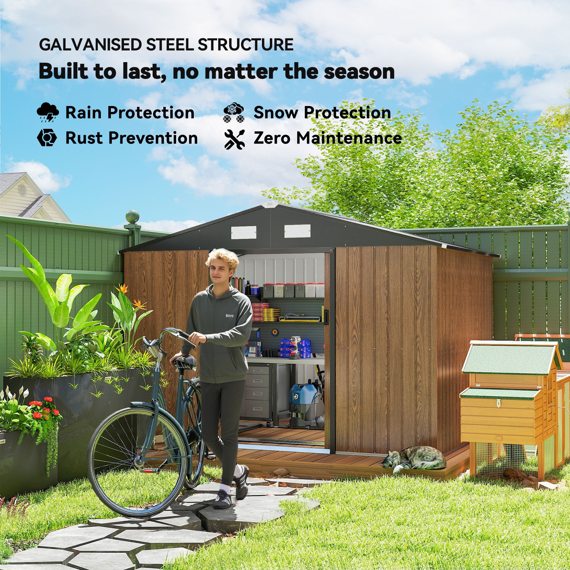 9.1'x6.4'x6.3' Garden Storage Shed, Outdoor Storage Tool House with Vents, Foundation and Lockable Double Doors, Teak