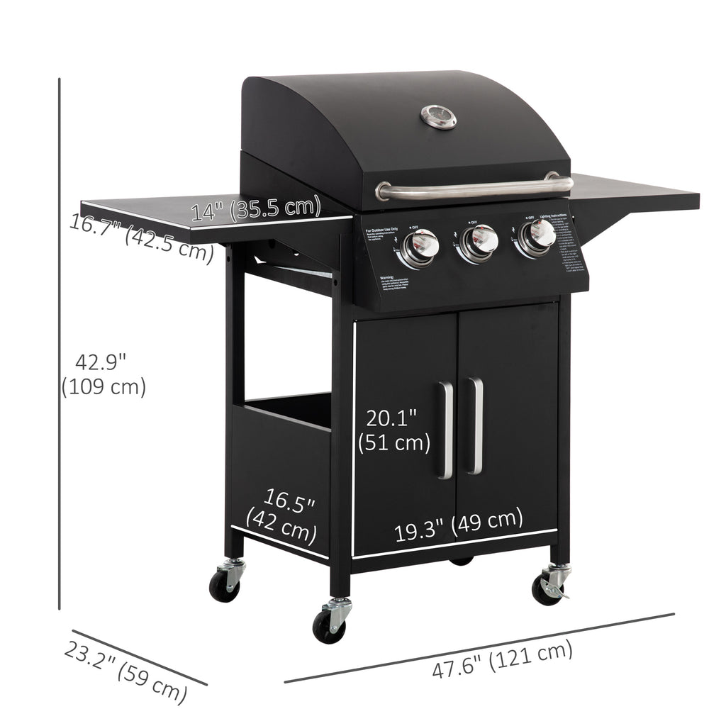 Outdoor 3 Burner Gas Grill Portable Barbecue w/ Wheels, Warming Rack, Shelves, Cabinet, Thermometer, Black