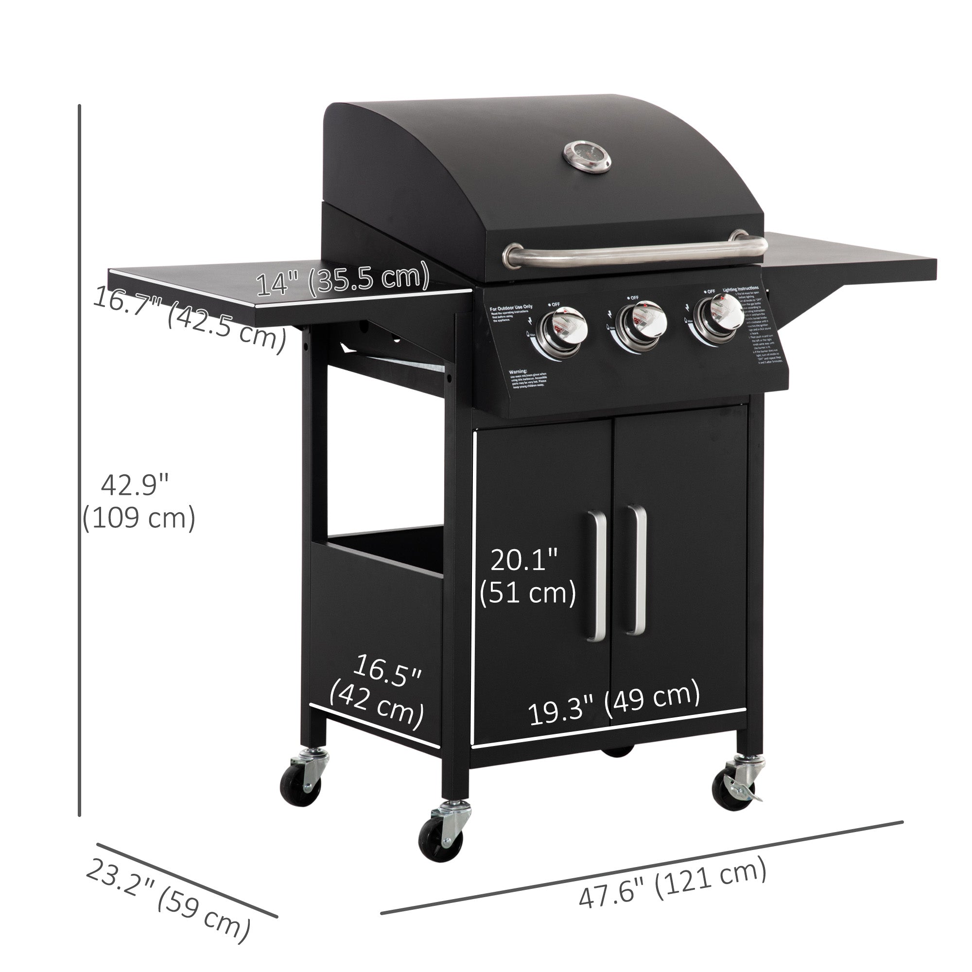 Outdoor 3 Burner Gas Grill Portable Barbecue w/ Wheels, Warming Rack, Shelves, Cabinet, Thermometer, Black