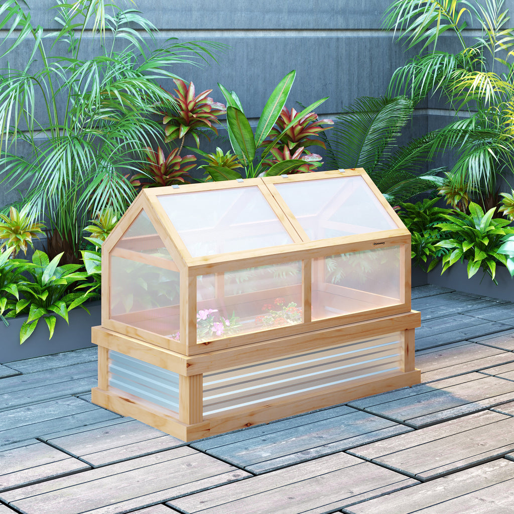 Raised Garden Flower Bed Kit with Greenhouse, Wooden Cold Frame Planter with Open Roofs, 48" x 24" x 32", Natural