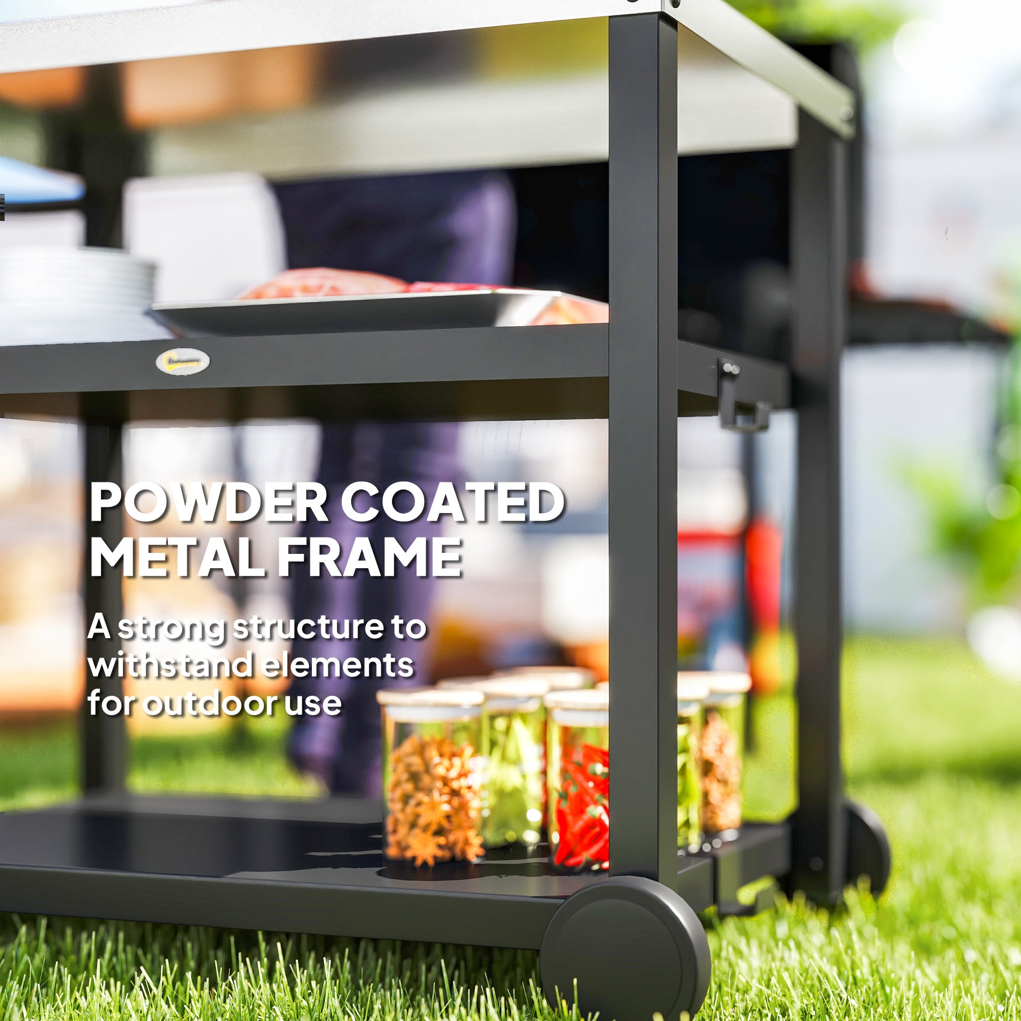 3-Shelf Outdoor Grill Dining Cart Pizza Oven Stand with Stainless Steel Top, Movable BBQ Food Prep Table Outdoor Kitchen Island with Hooks Wheels Handle, Charcoal Grey