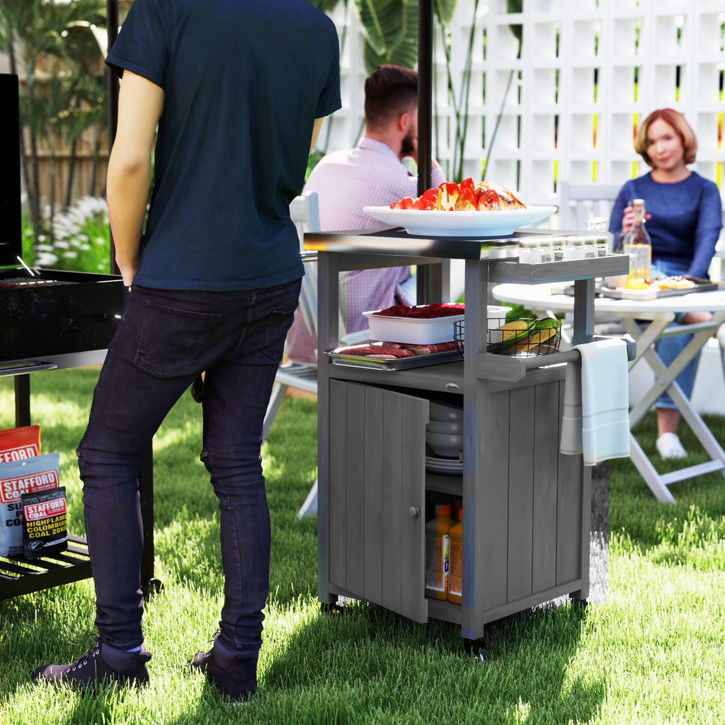 Grill Table with Stainless Steel Top, Pizza Oven Table with Storage Cabinet, Spice Rack, Wheels, Handle, Dark Grey