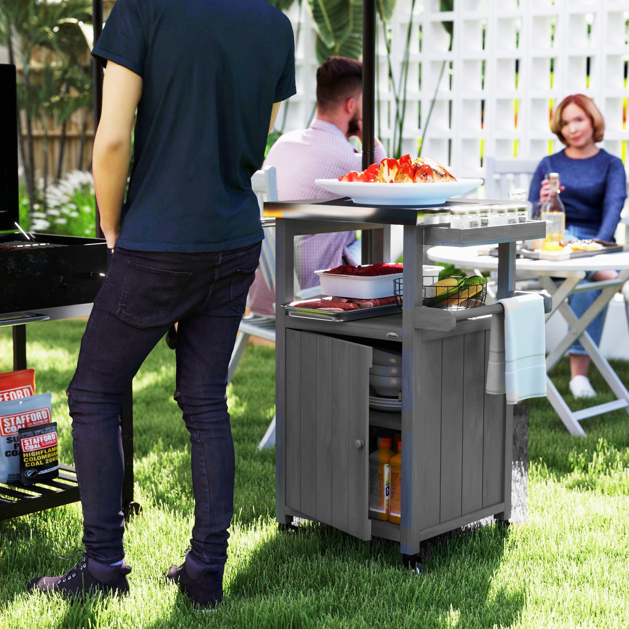 Grill Table with Stainless Steel Top, Pizza Oven Table with Storage Cabinet, Spice Rack, Wheels, Handle, Dark Grey