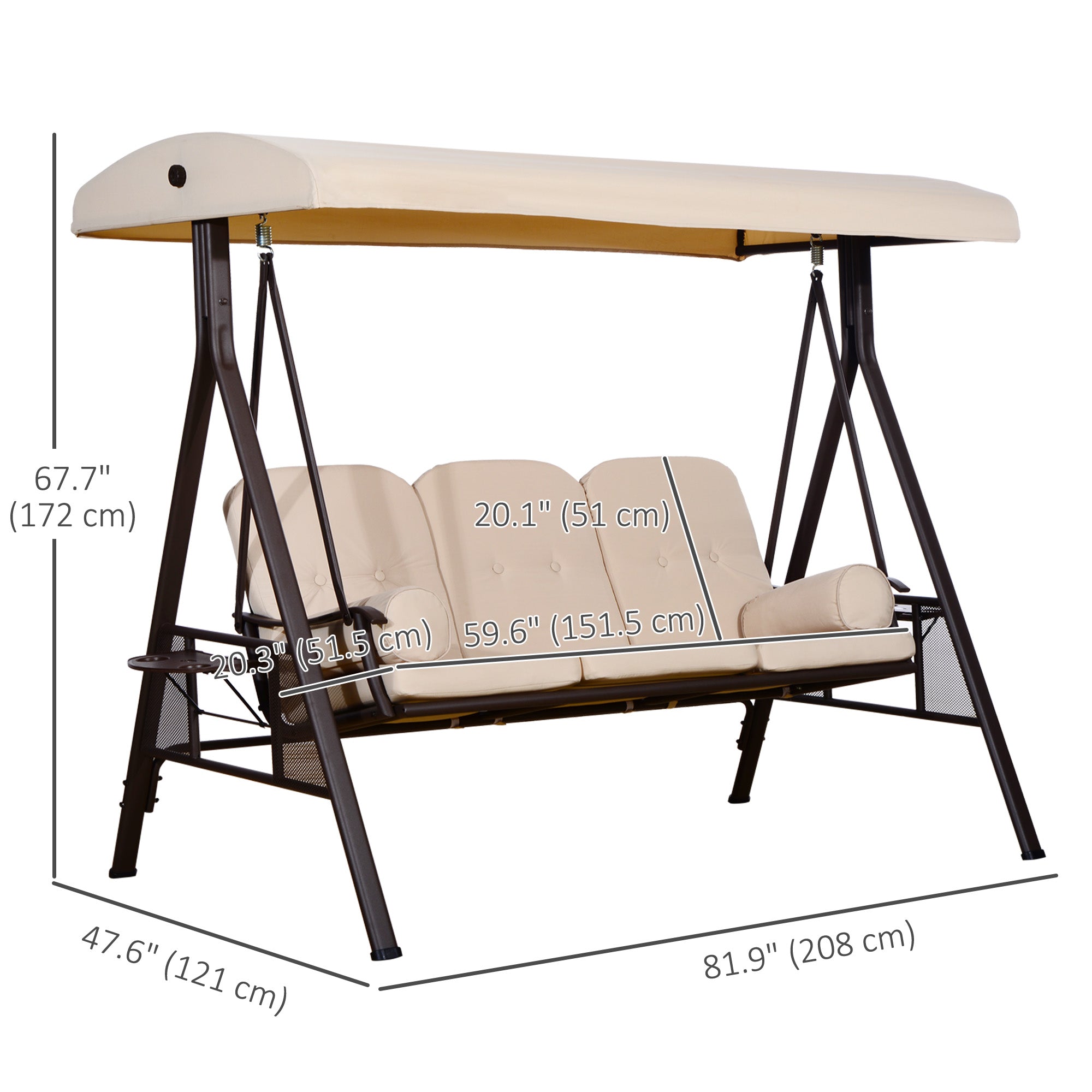3 Seater Heavy Duty Swing Chair Outdoor Lounge Hammock Cushioned Seat W/ Tilt Canopy, Beige