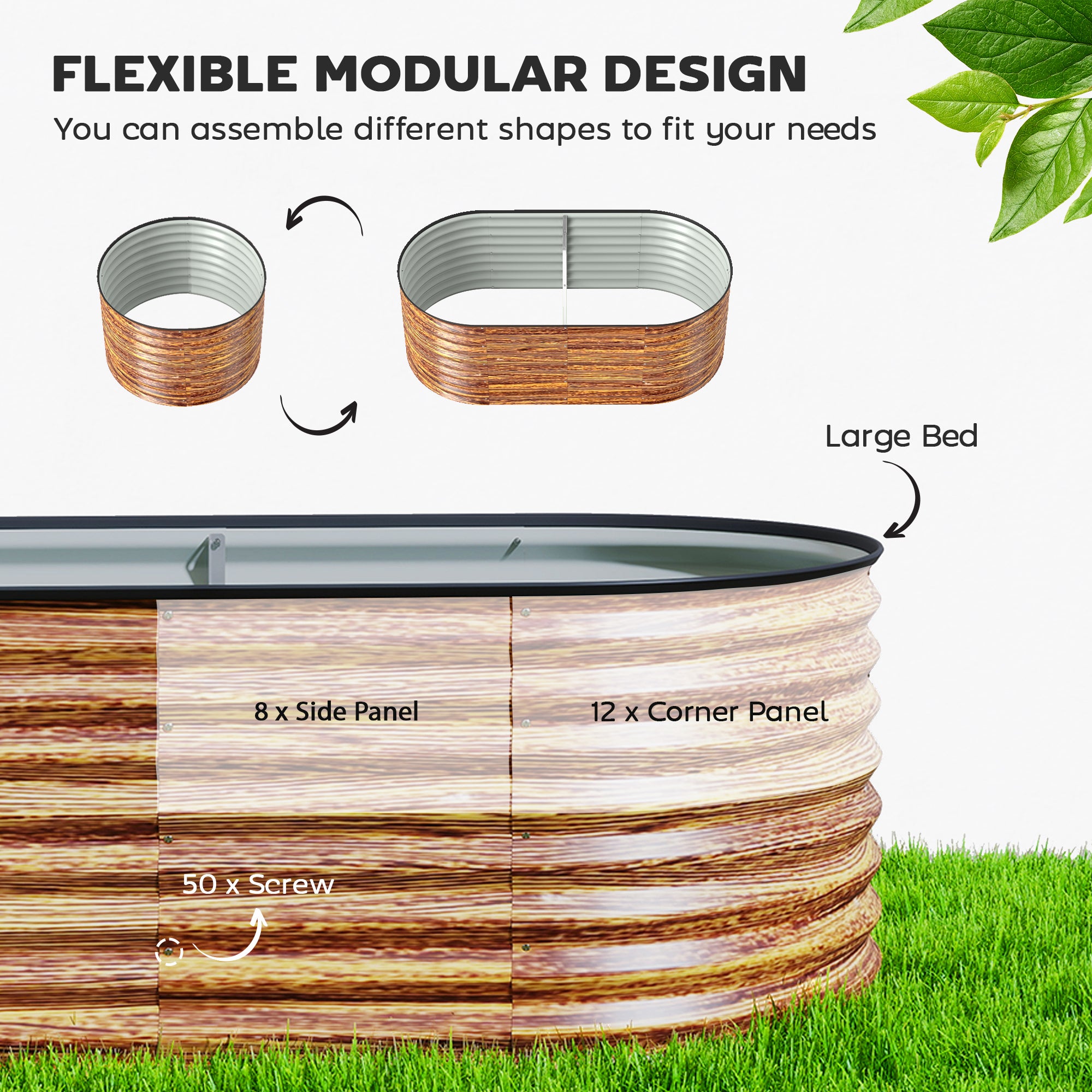 5 x 2.5 x 2 ft Galvanized Raised Garden Bed, Easy DIY Oval Planter Box with Safety Edging and Gloves, Brown Wood Effect