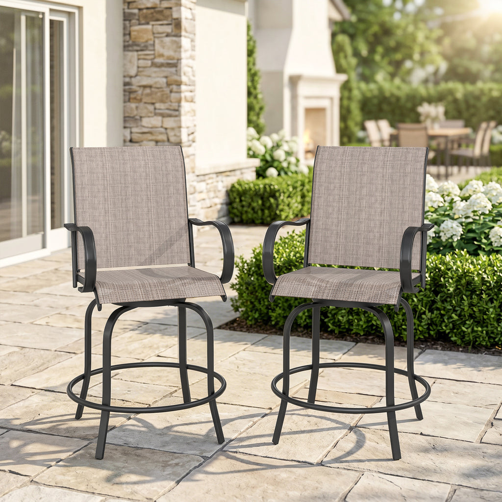 Outdoor Bar Stools Set of 2, 360Â° Swivel Bar Height Chairs, 26.8" x 29.5" x 48.4", Tan