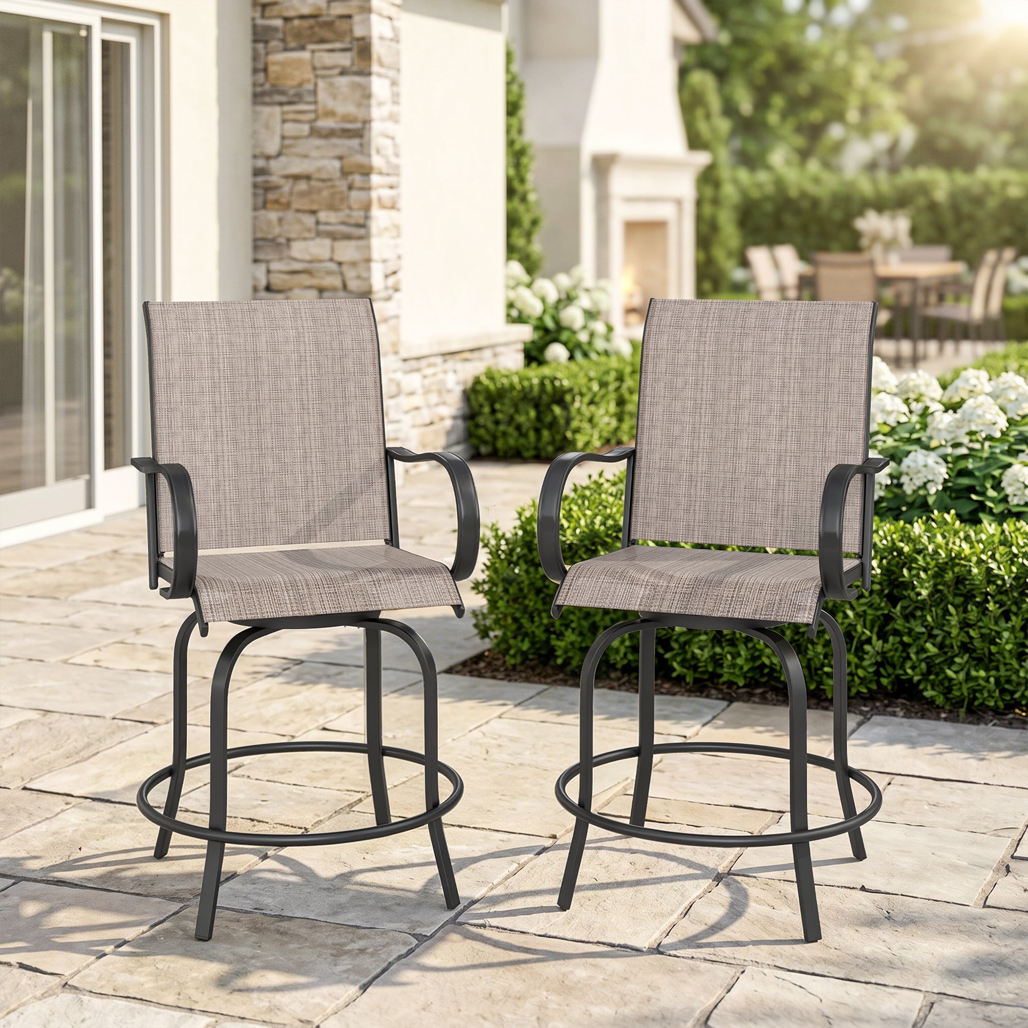 Outdoor Bar Stools Set of 2, 360Â° Swivel Bar Height Chairs, 26.8" x 29.5" x 48.4", Tan